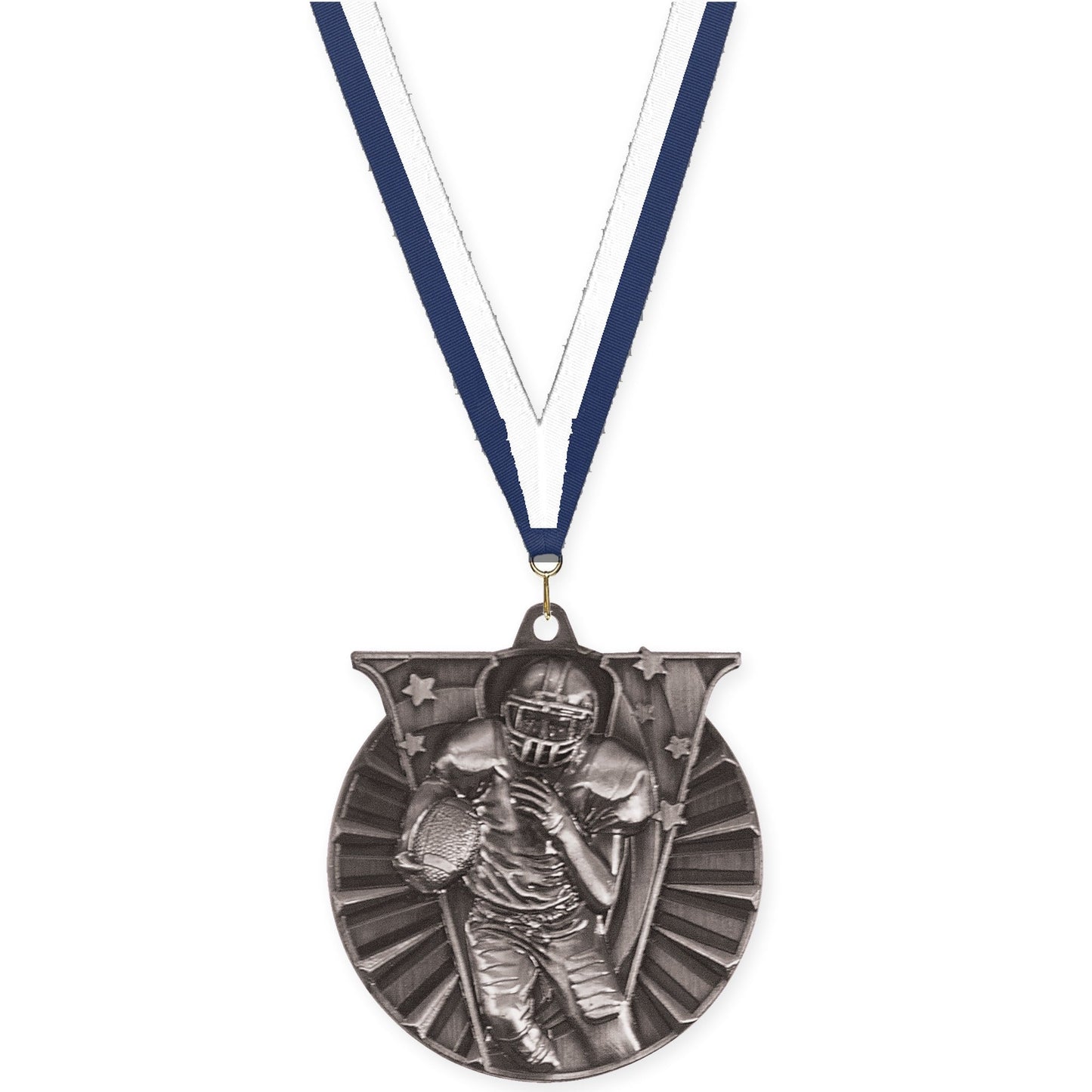 2 inch football Victory medal in bright silver with Navy White neck ribbon