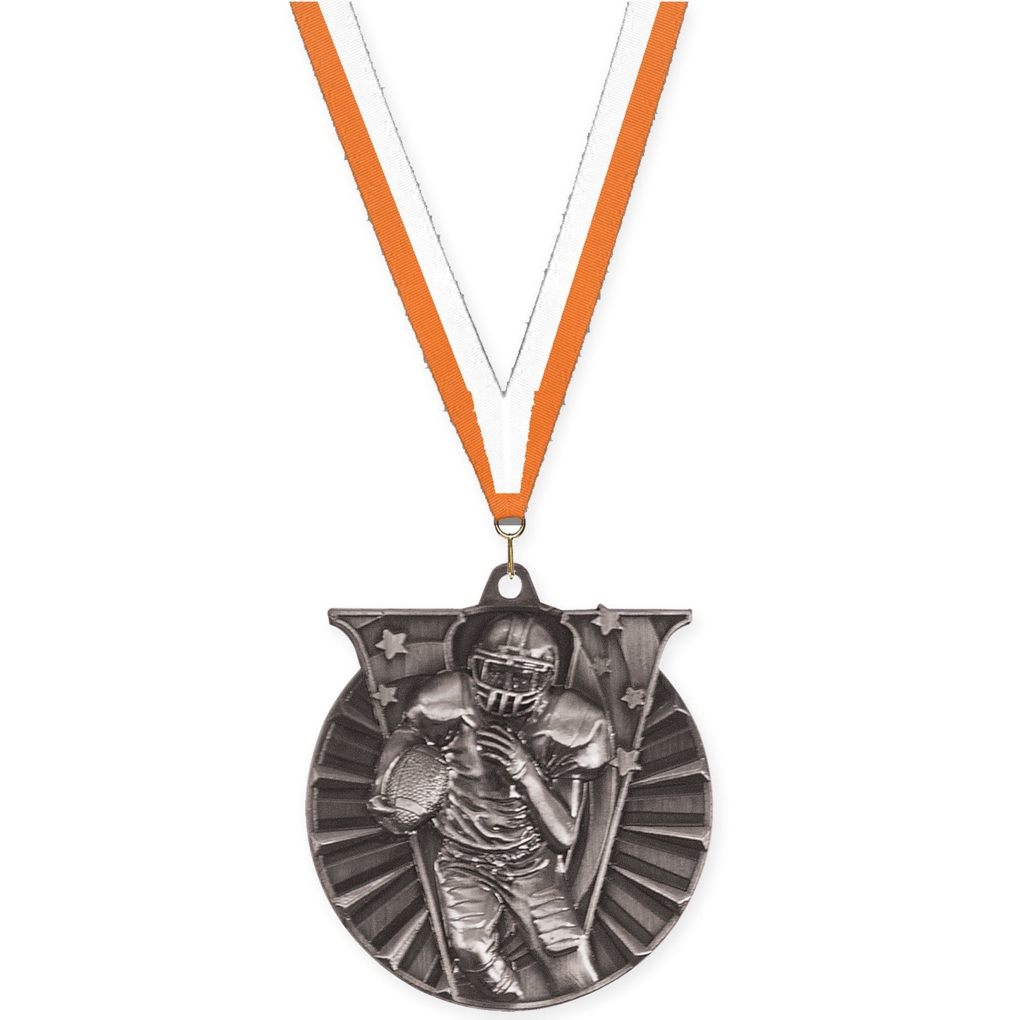 2 inch football Victory medal in bright silver with Orange White neck ribbon
