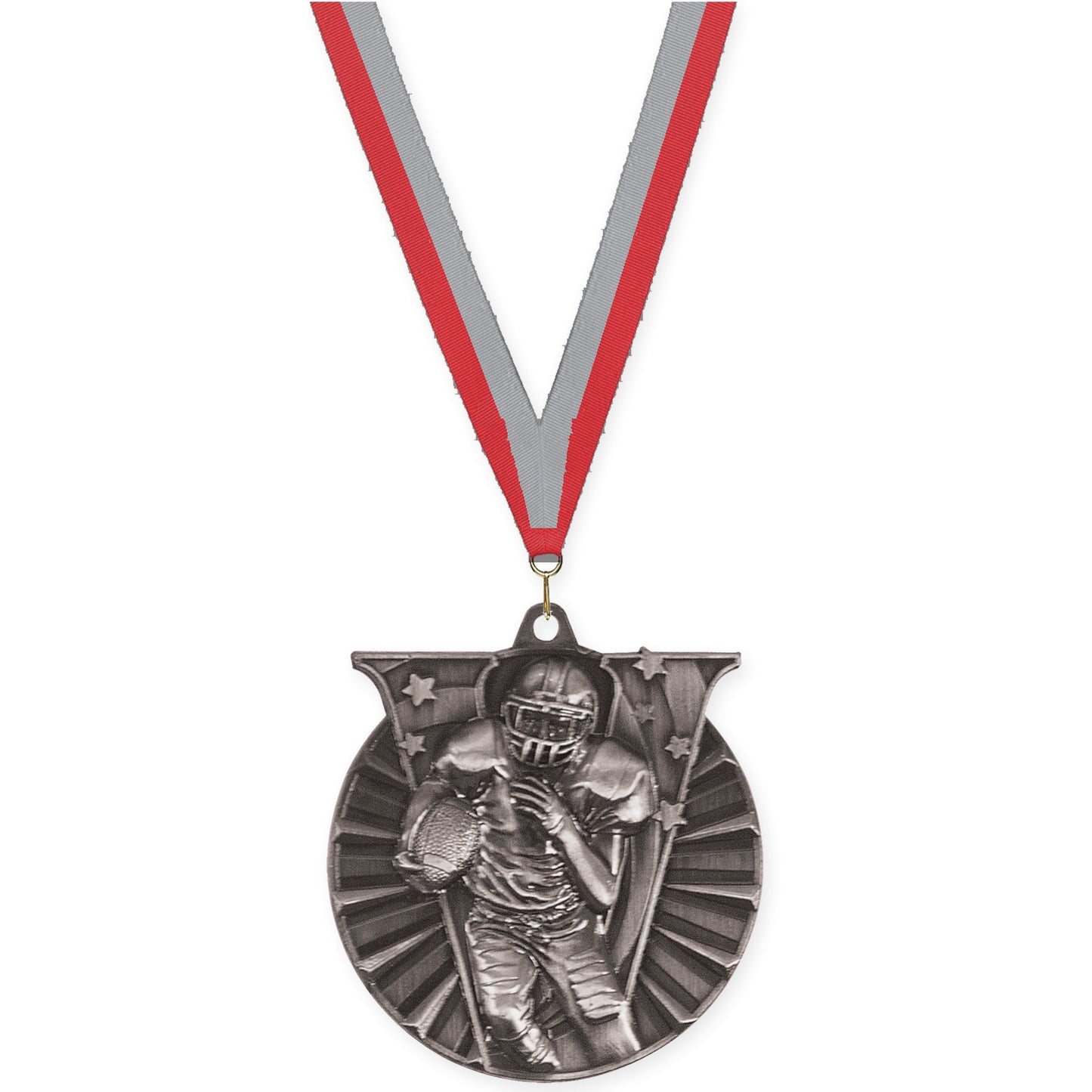 2 inch football Victory medal in bright silver with Red Gray neck ribbon
