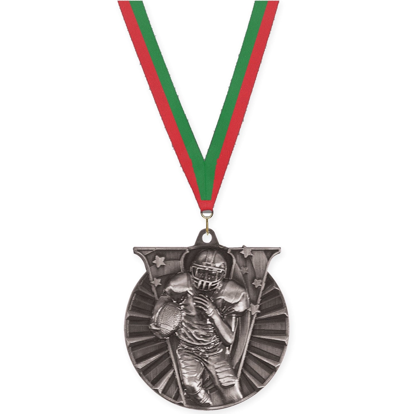 2 inch football Victory medal in bright silver with Red Green neck ribbon