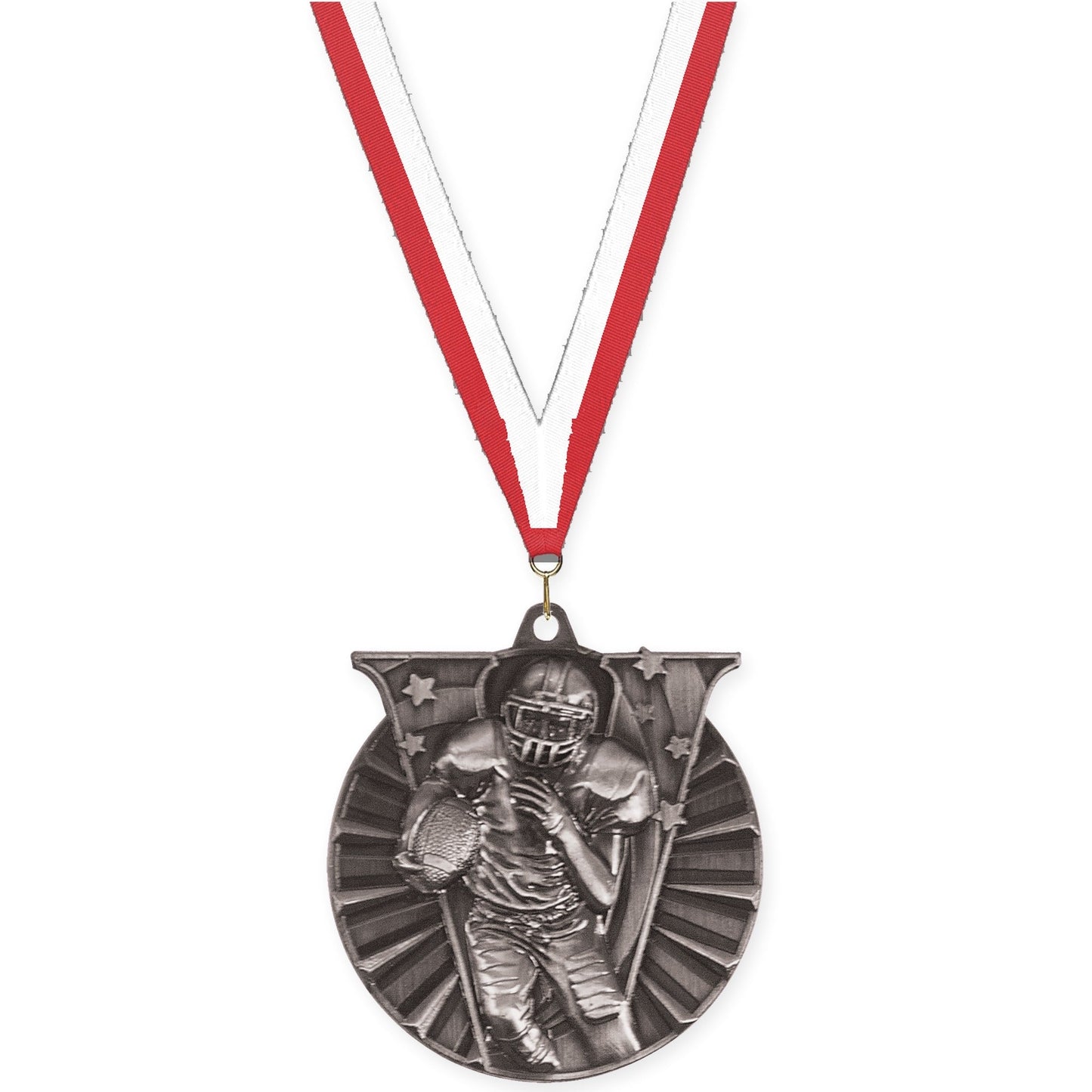 2 inch football Victory medal in bright silver with Red White neck ribbon