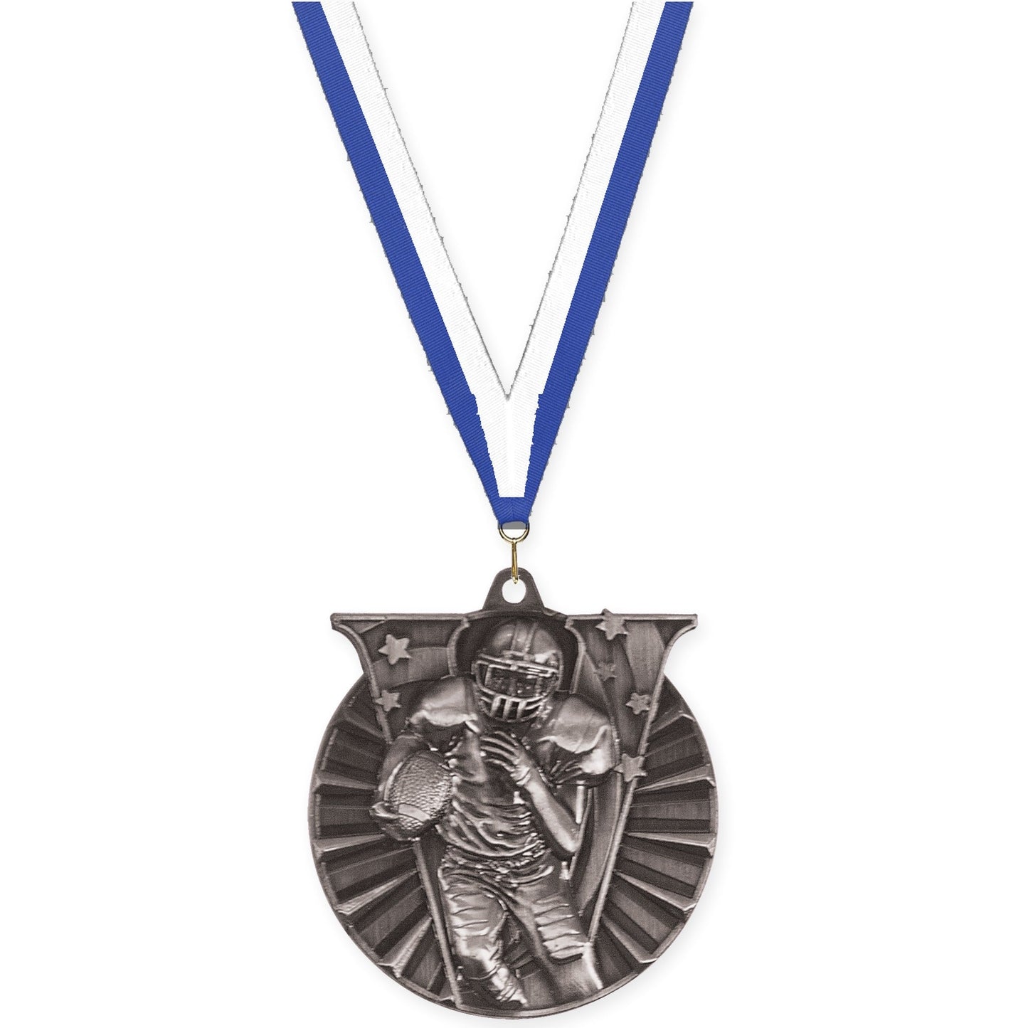 2 inch football Victory medal in bright silver with Blue White neck ribbon