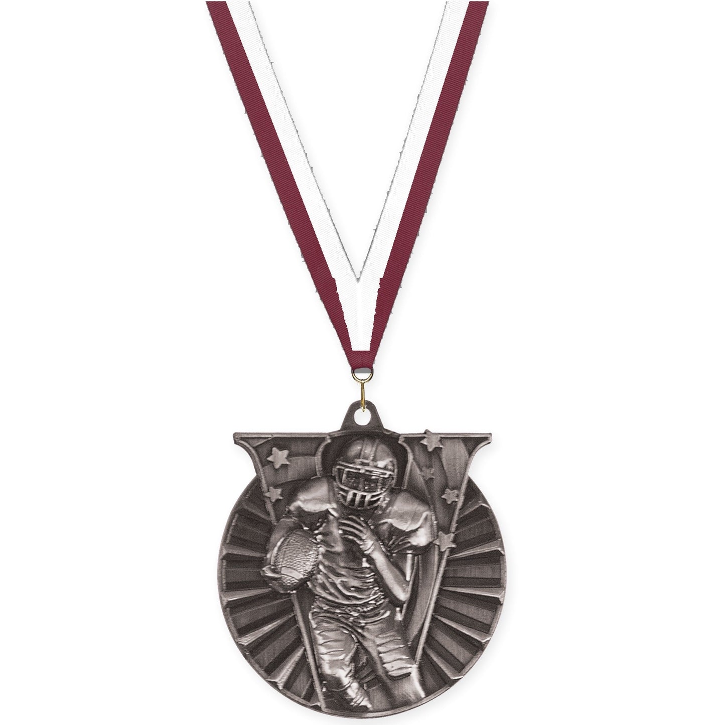 2 inch football Victory medal in bright silver with Maroon White neck ribbon