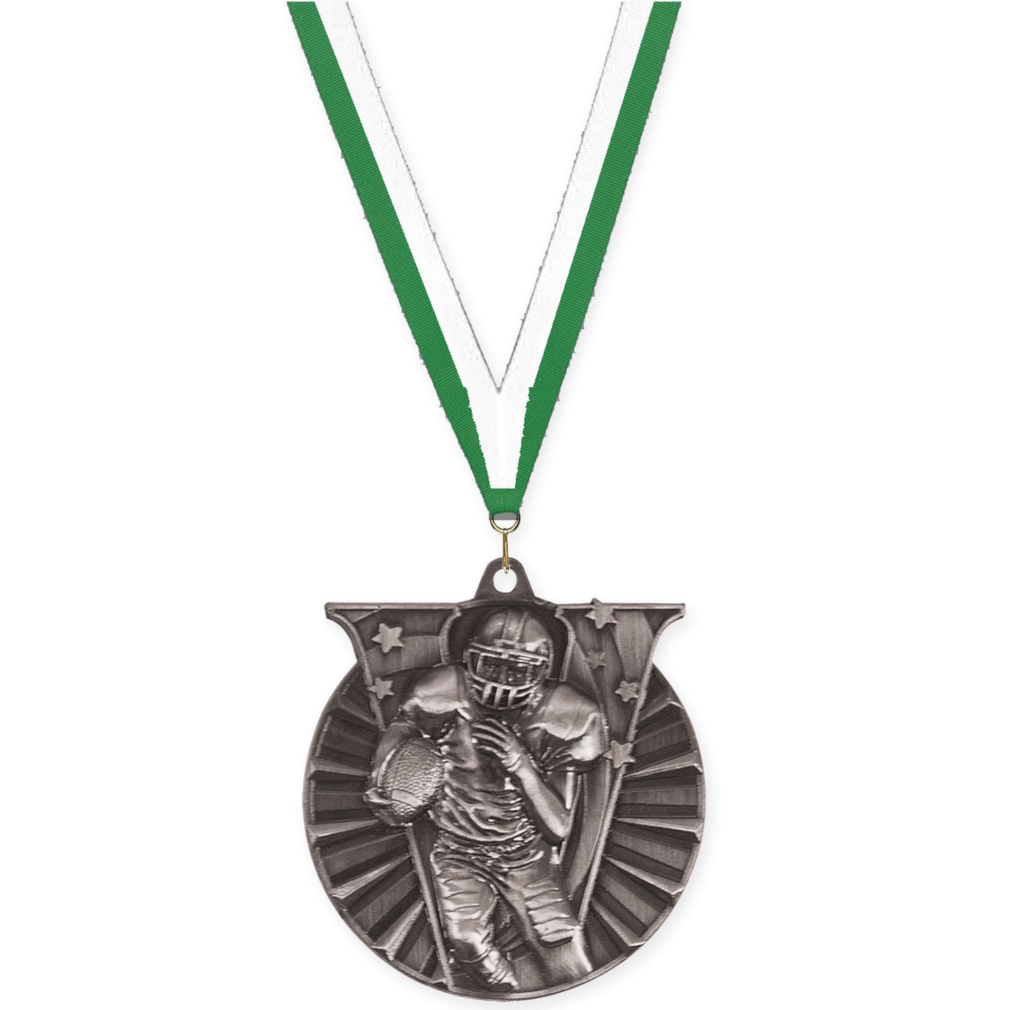 2 inch football Victory medal in bright silver with Green White neck ribbon