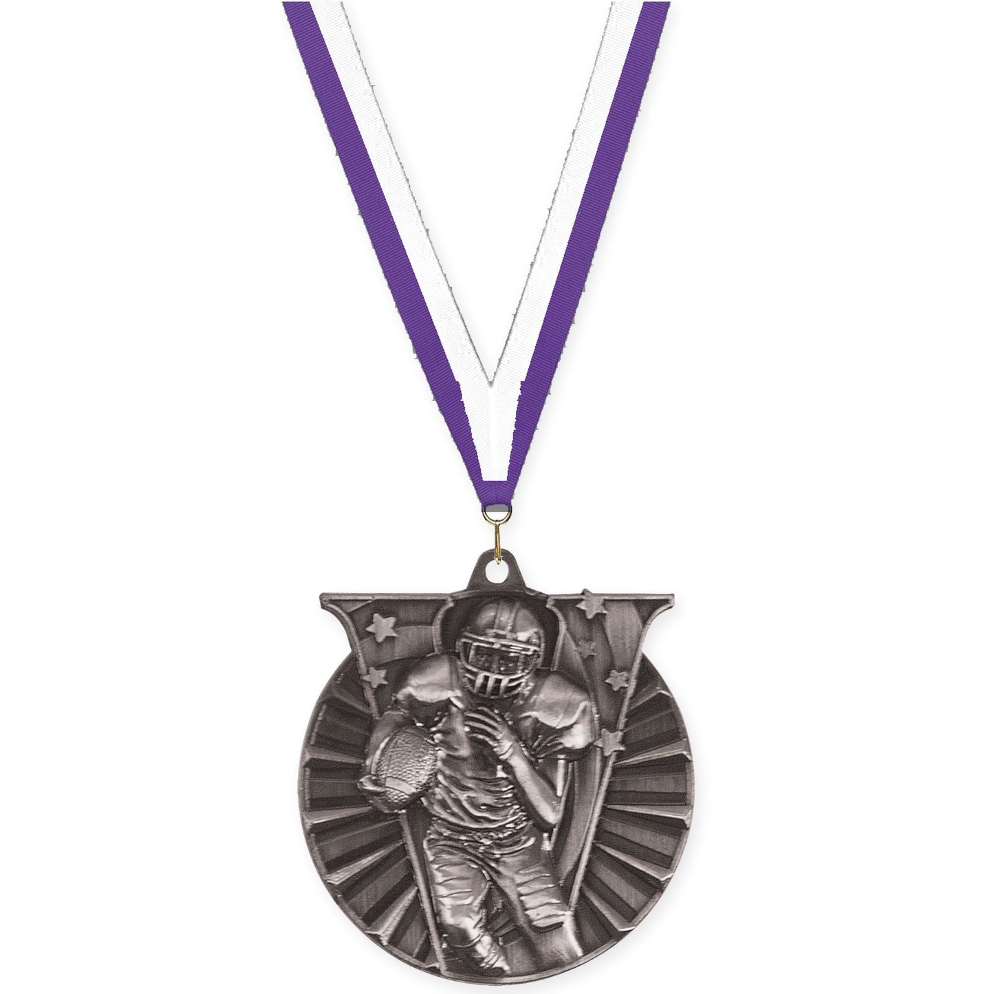 2 inch football Victory medal in bright silver with Purple White neck ribbon