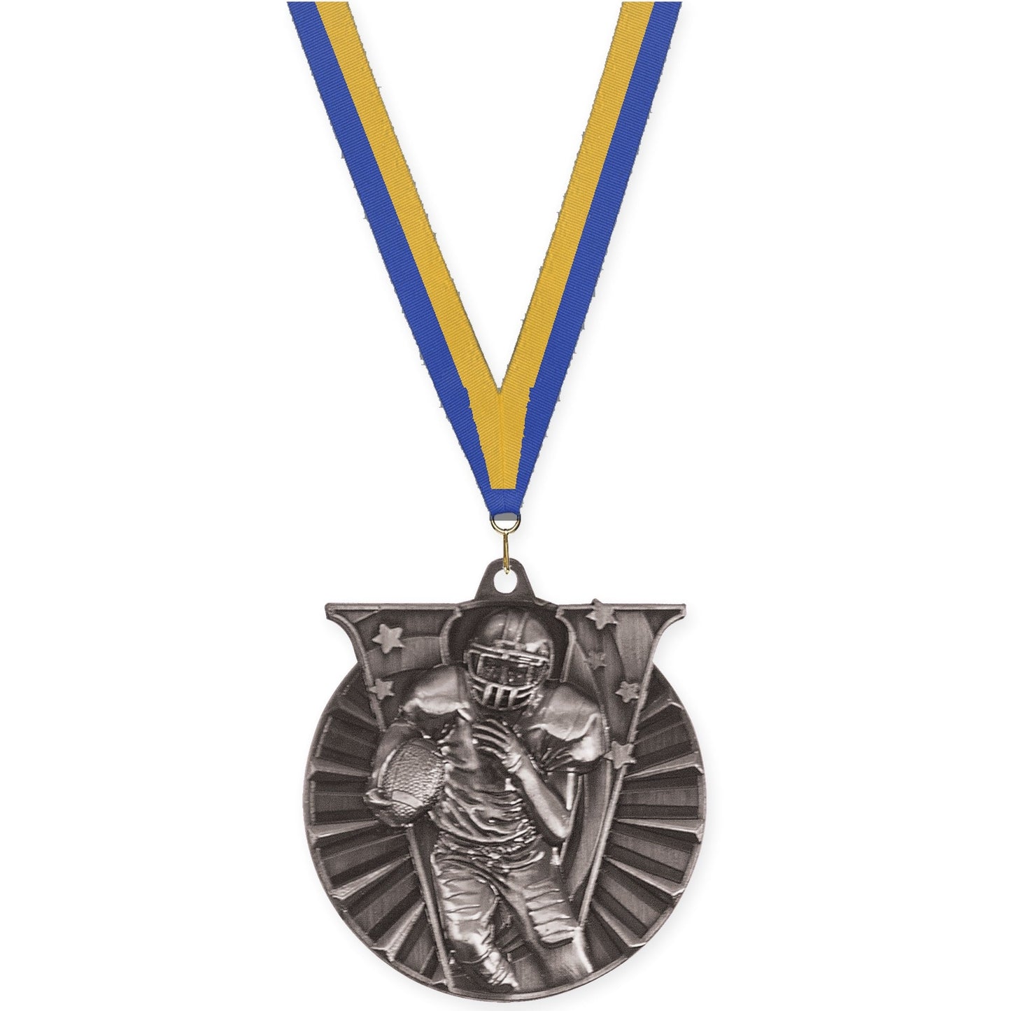 2 inch football Victory medal in bright silver with Blue Gold neck ribbon