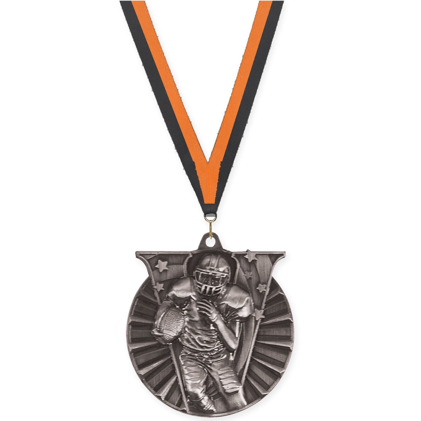 2 inch football Victory medal in bright silver with Black Orange neck ribbon