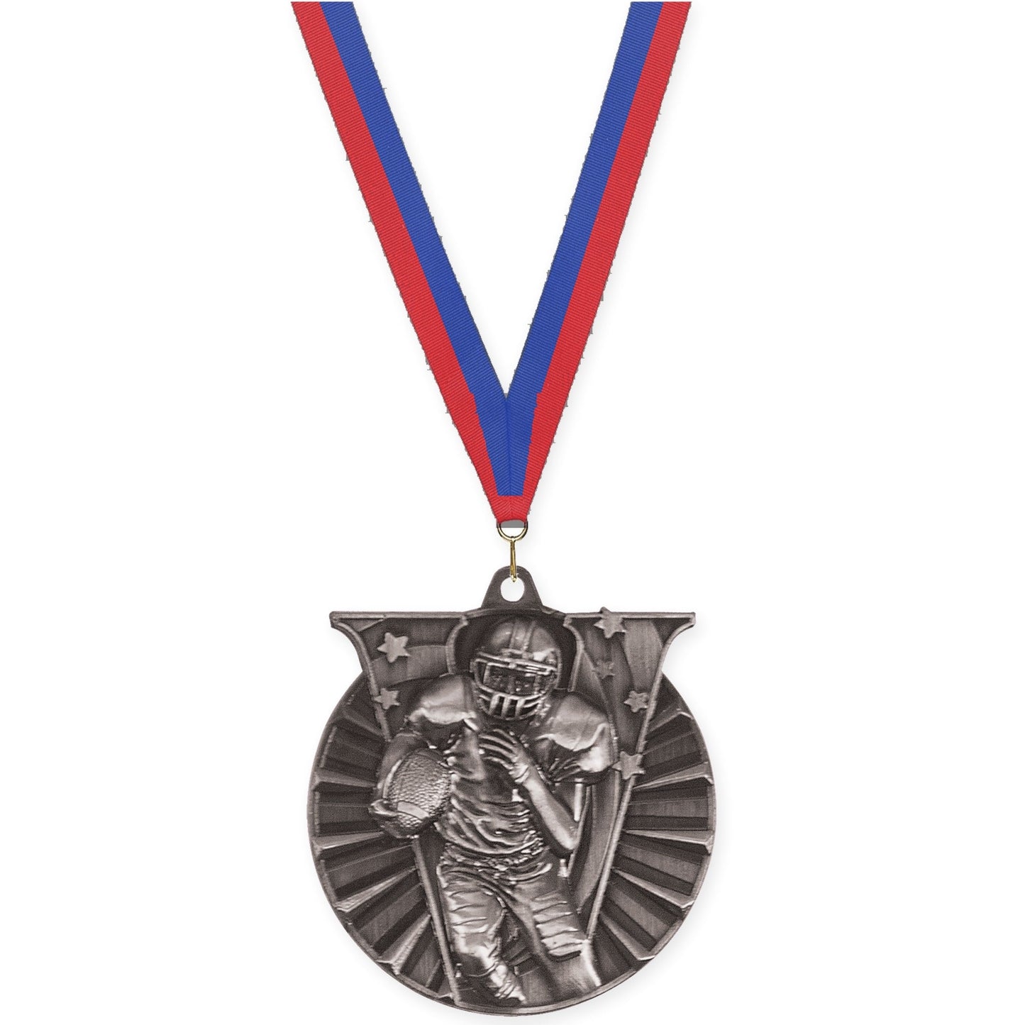 2 inch football Victory medal in bright silver with Blue Red neck ribbon