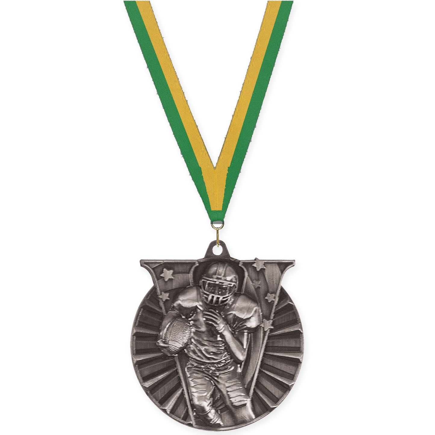 2 inch football Victory medal in bright silver with Green Gold neck ribbon