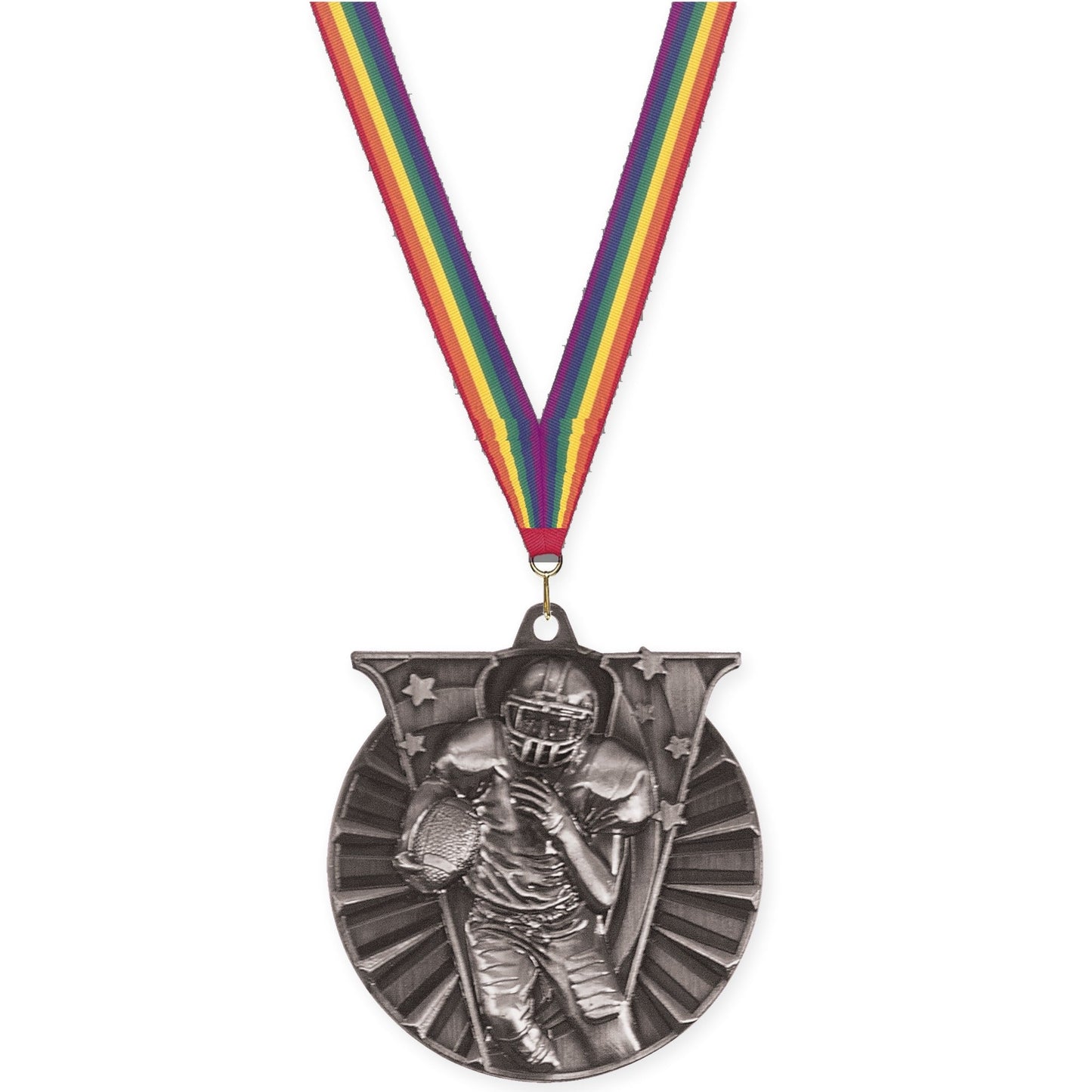 2 inch football Victory medal in bright silver with Rainbow neck ribbon