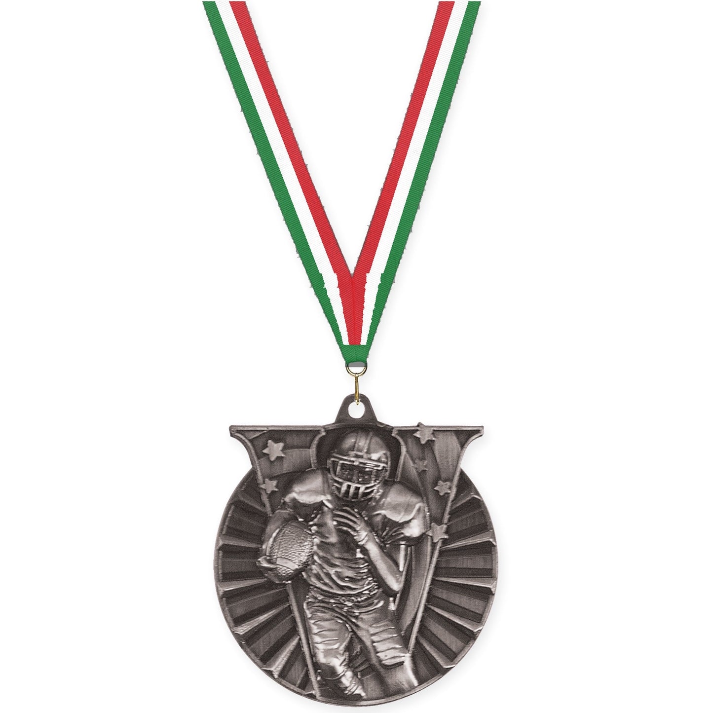 2 inch football Victory medal in bright silver with Green White Red neck ribbon