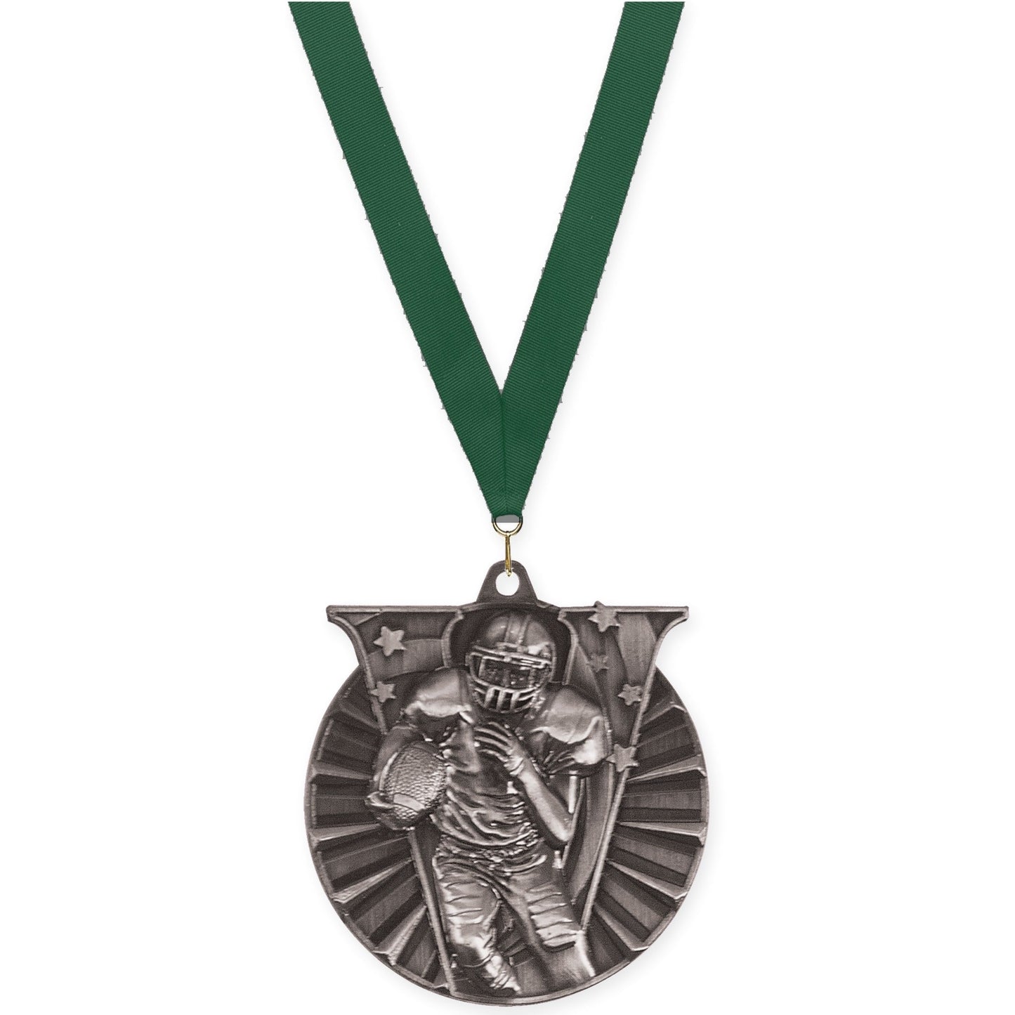 2 inch football Victory medal in bright silver with Hunter Green neck ribbon