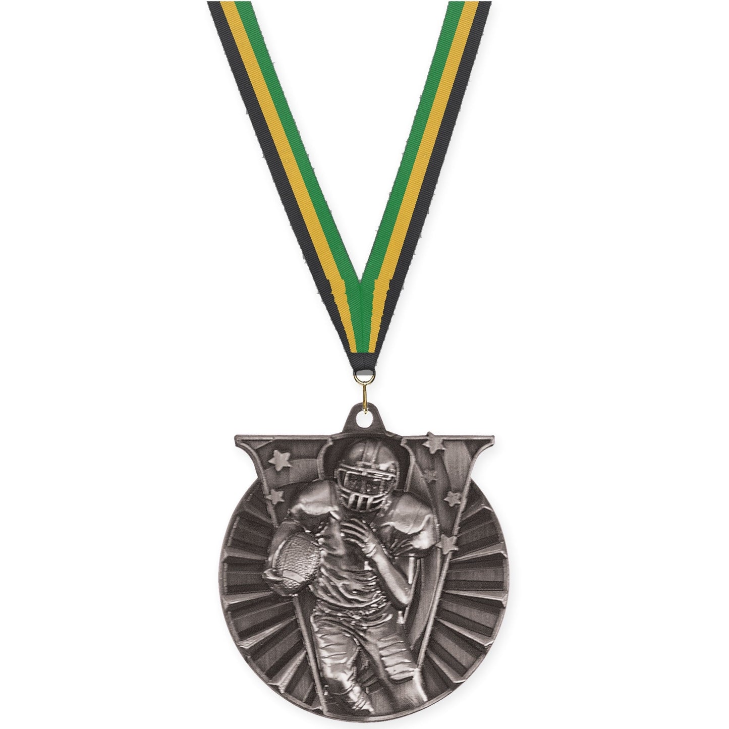 2 inch football Victory medal in bright silver with Black Gold Green neck ribbon