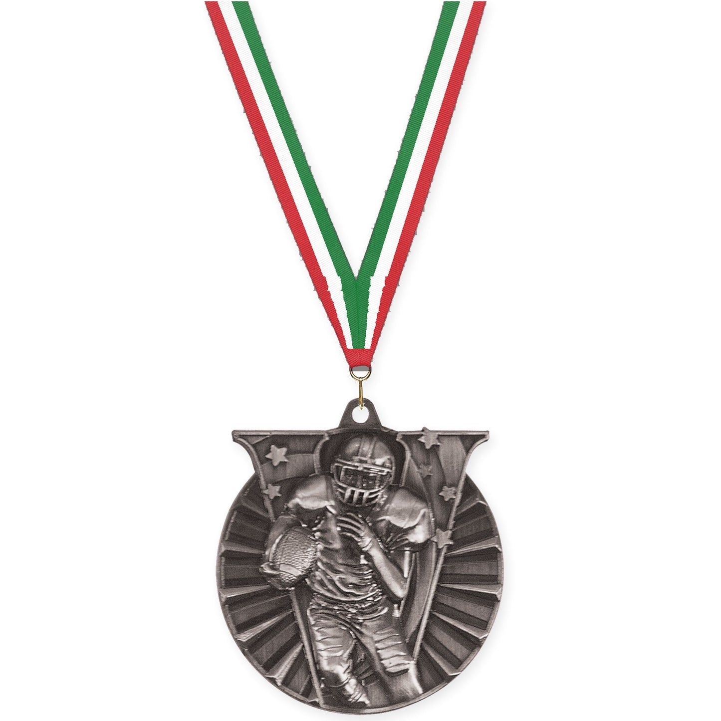 2 inch football Victory medal in bright silver with Red White Green neck ribbon