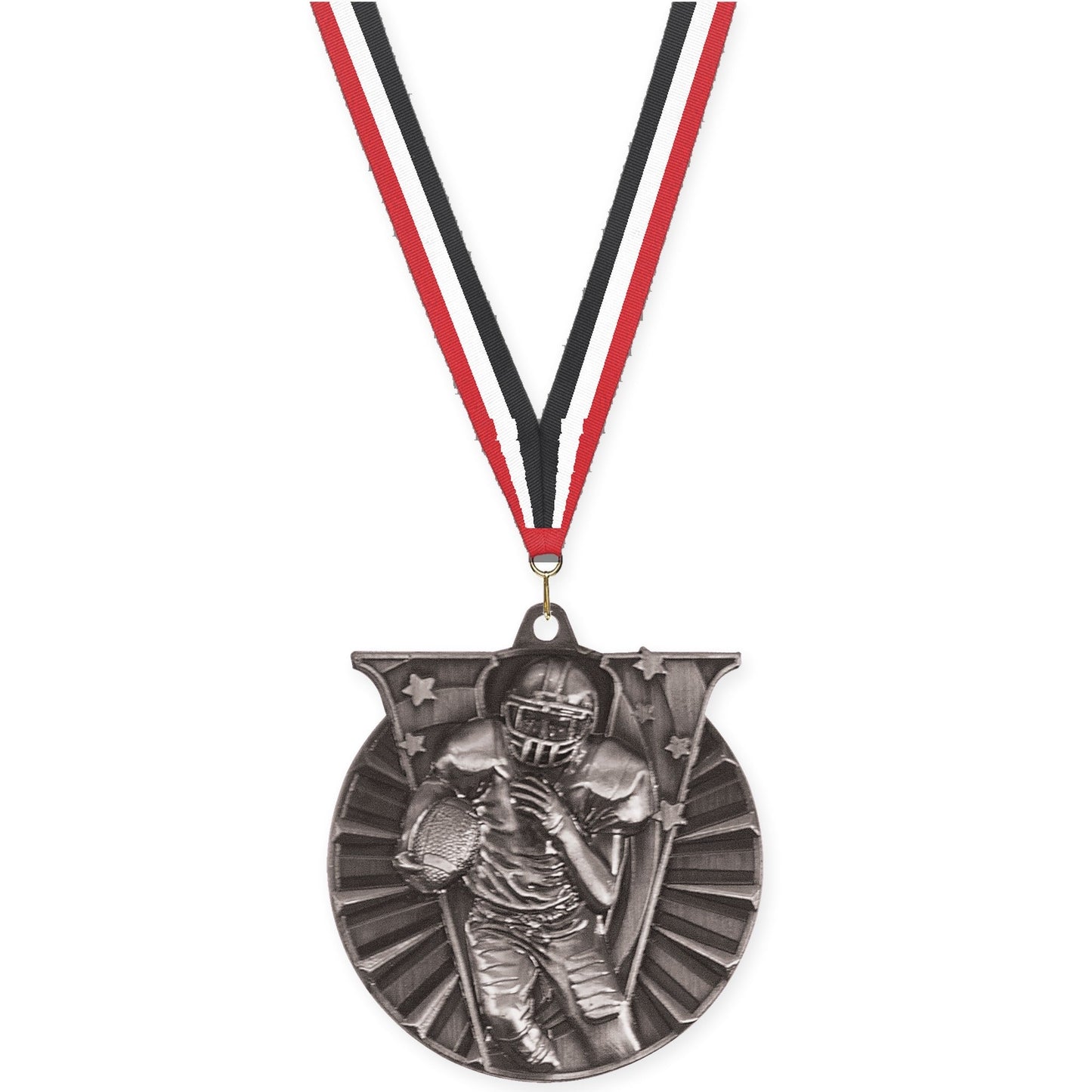 2 inch football Victory medal in bright silver with Red White Black neck ribbon