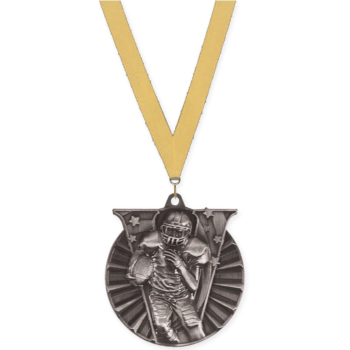 2 inch football Victory medal in bright silver with Gold Metallic neck ribbon