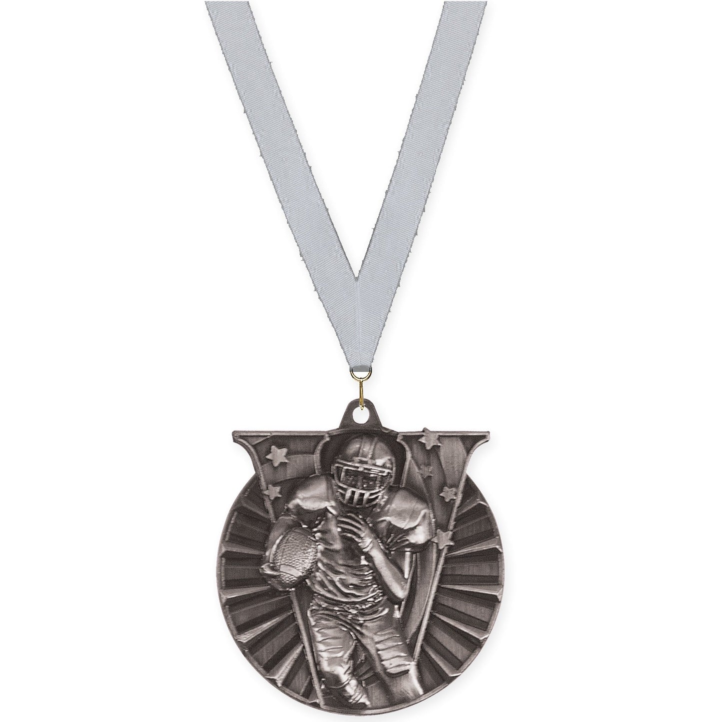2 inch football Victory medal in bright silver with Silver Metallic neck ribbon