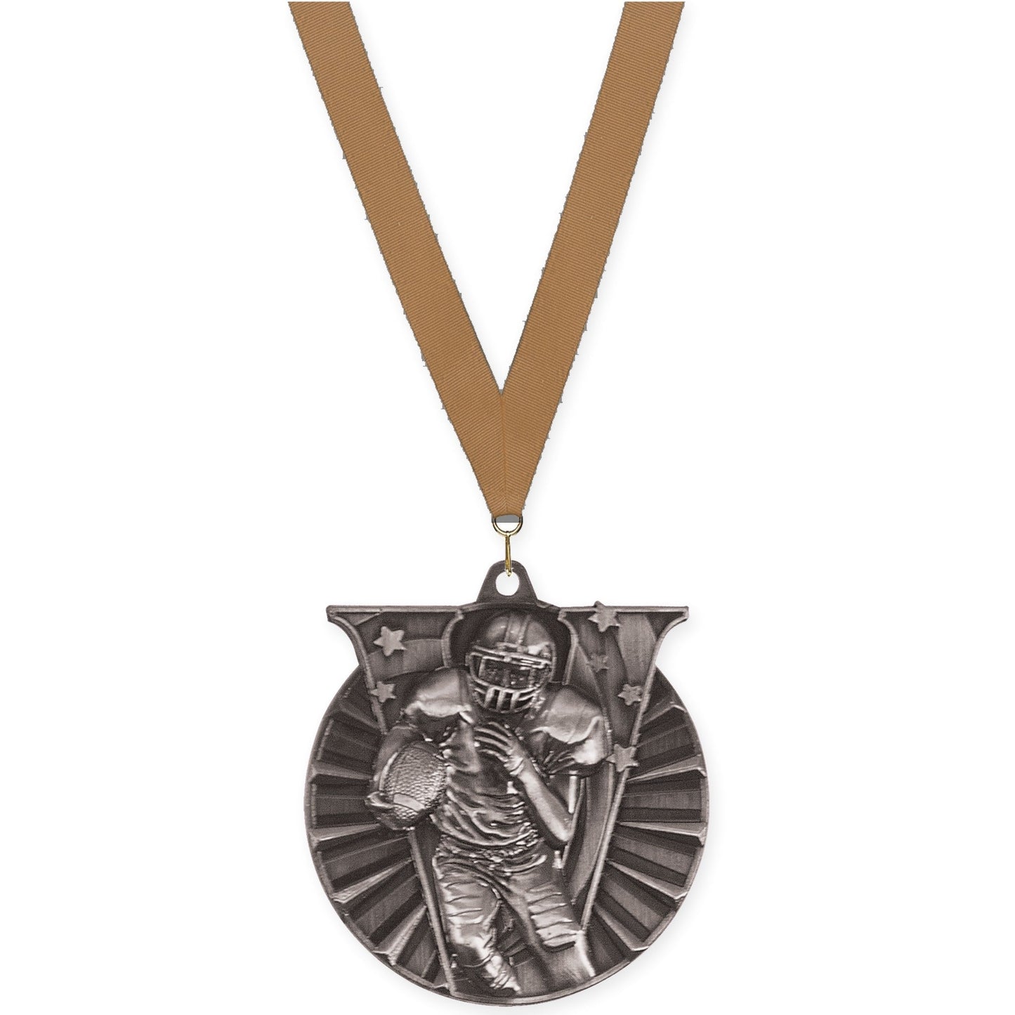 2 inch football Victory medal in bright silver with Bronze Metallic neck ribbon
