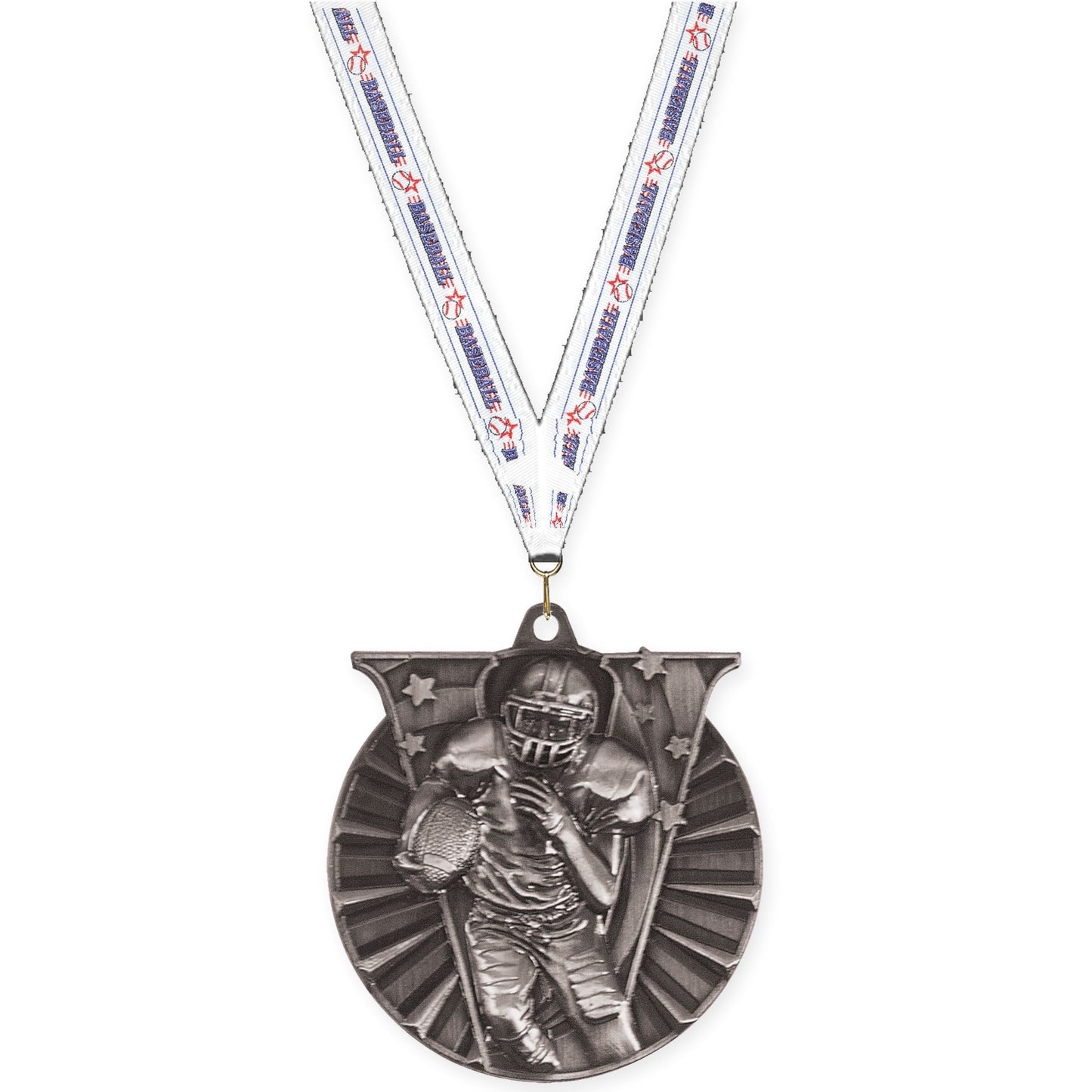 2 inch football Victory medal in bright silver with Baseball neck ribbon