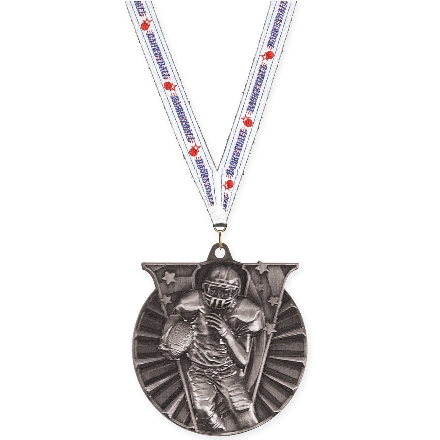 2 inch football Victory medal in bright silver with Basketball neck ribbon