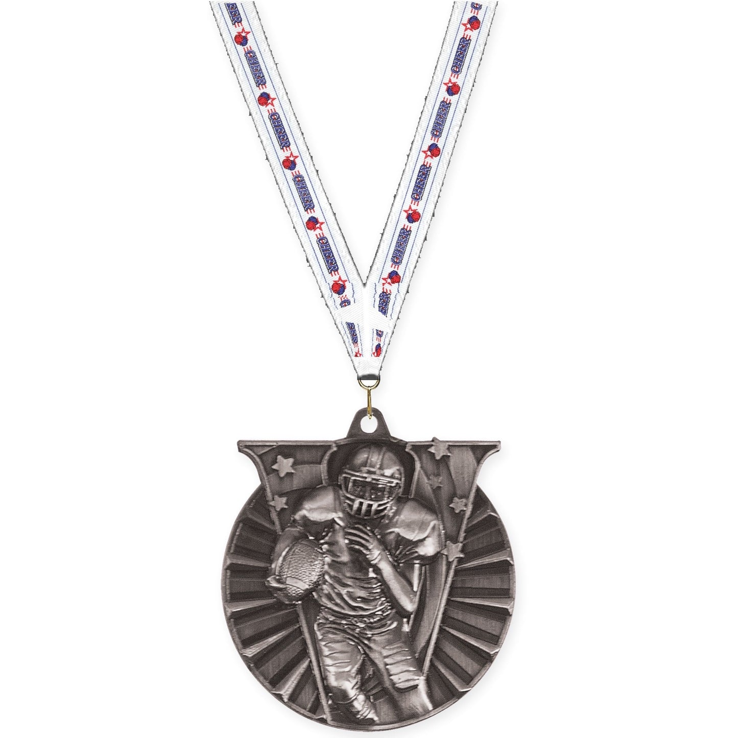 2 inch football Victory medal in bright silver with Cheerleading neck ribbon