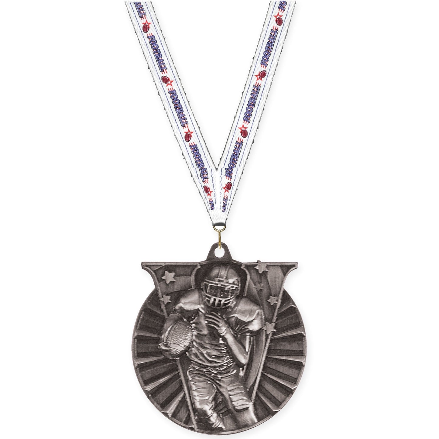 2 inch football Victory medal in bright silver with Football neck ribbon