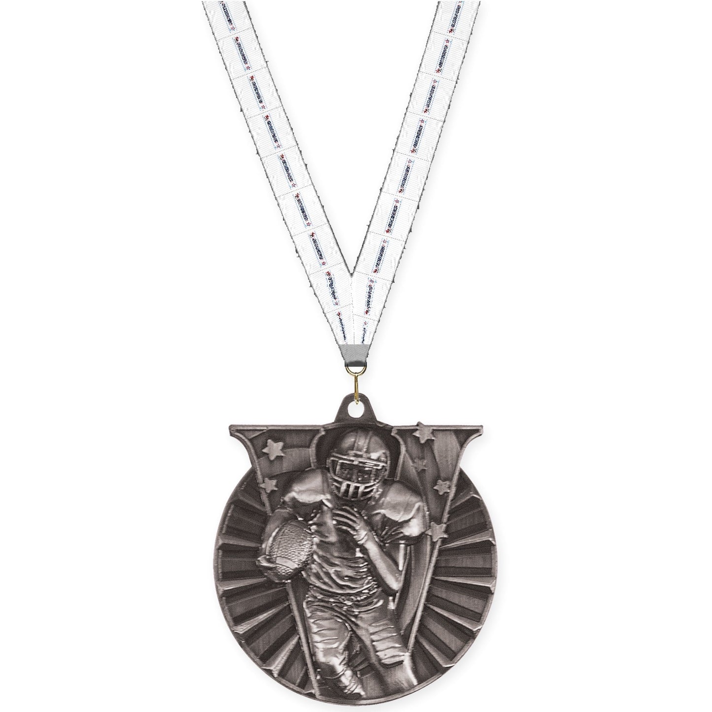 2 inch football Victory medal in bright silver with Gymnastics neck ribbon
