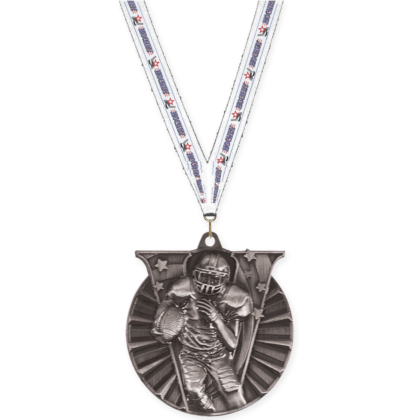 2 inch football Victory medal in bright silver with Hockey neck ribbon