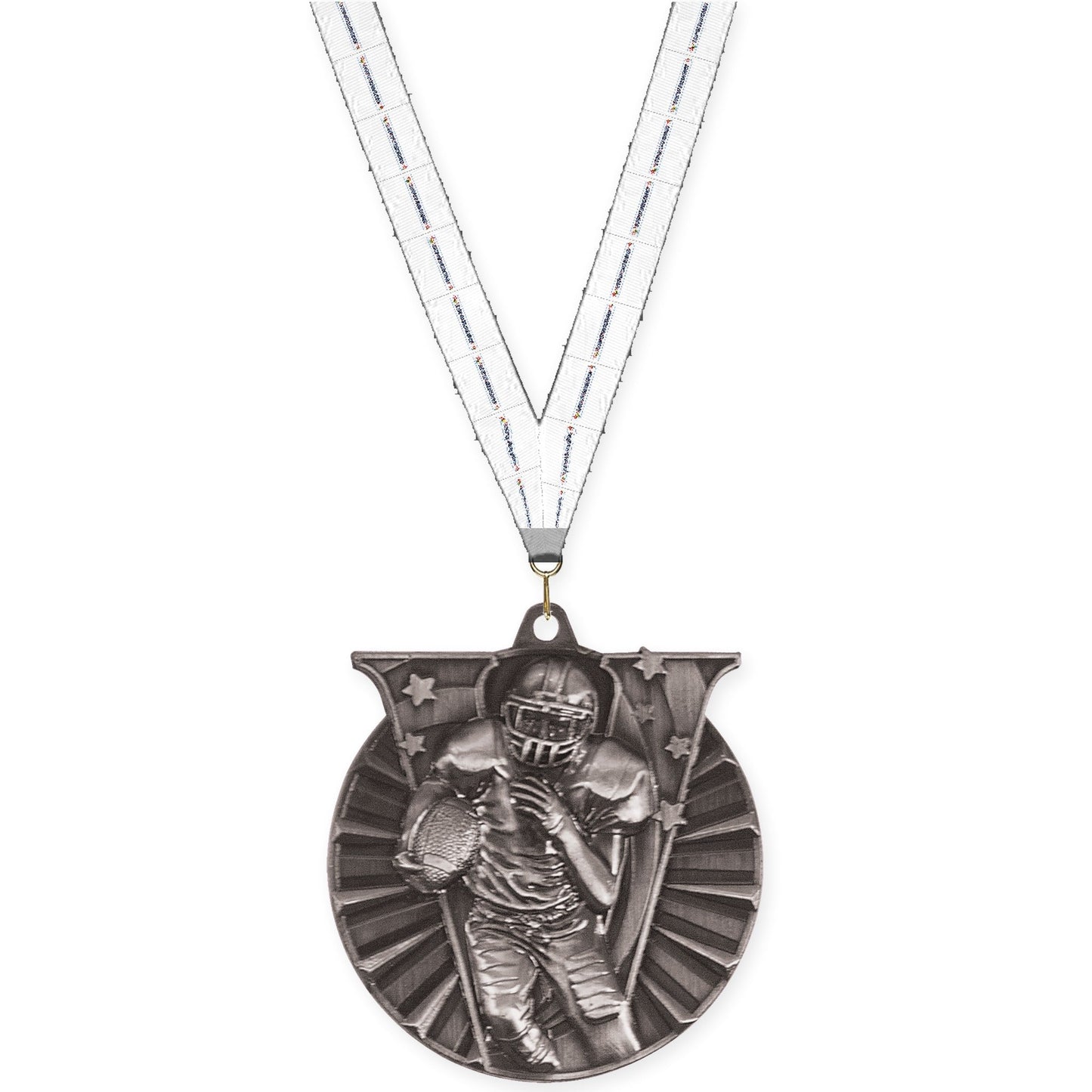 2 inch football Victory medal in bright silver with Lamp Of Knowledge neck ribbon