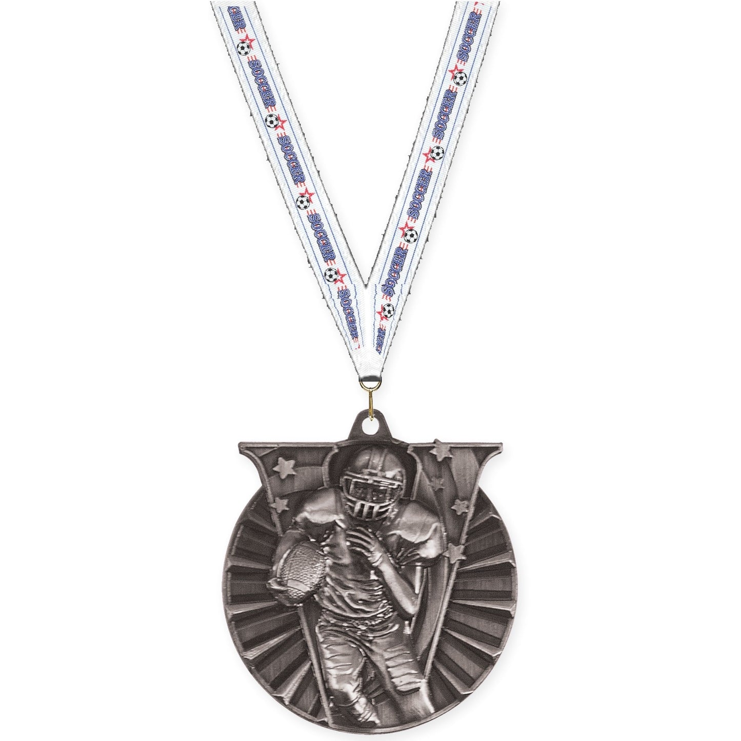 2 inch football Victory medal in bright silver with Soccer neck ribbon