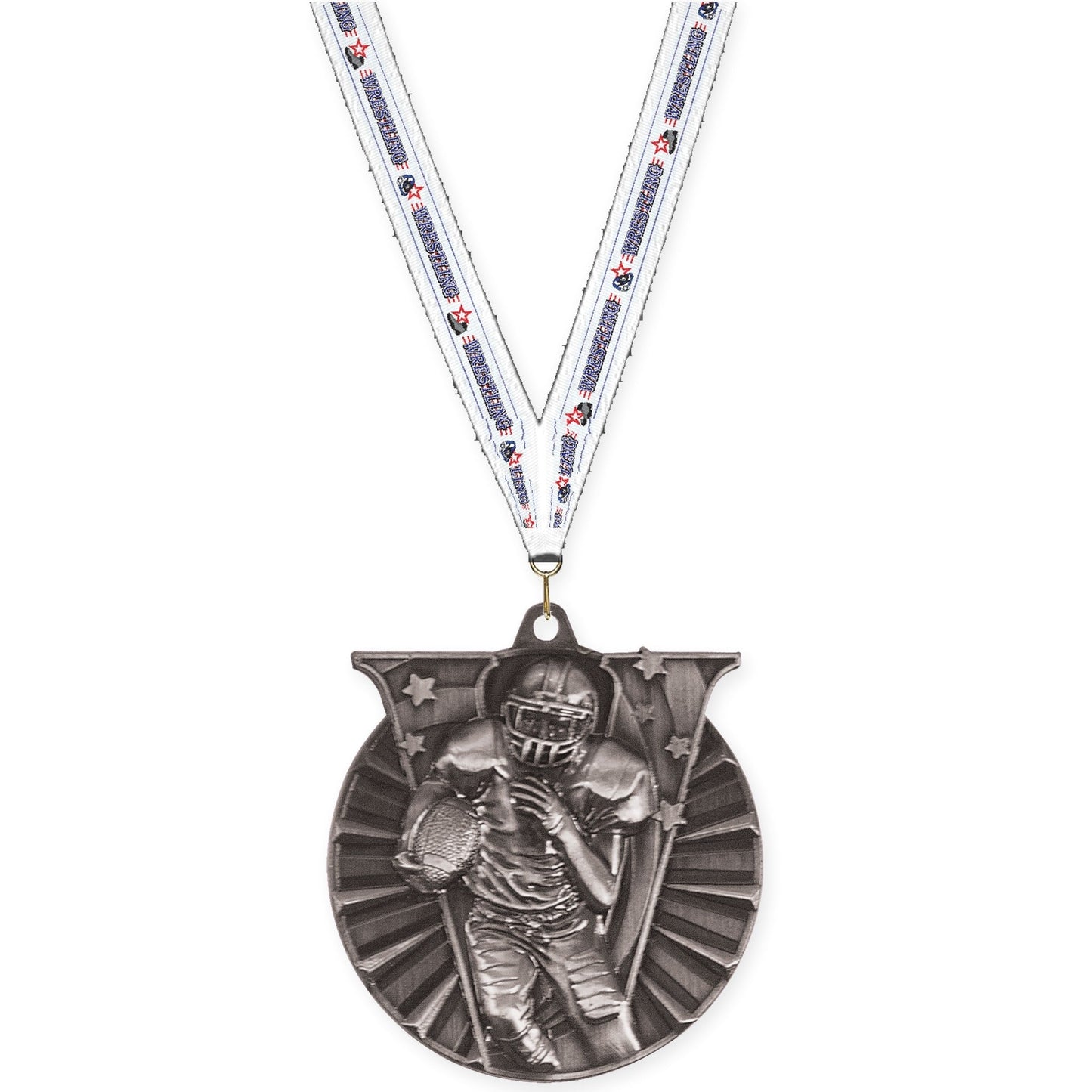 2 inch football Victory medal in bright silver with Wrestling neck ribbon