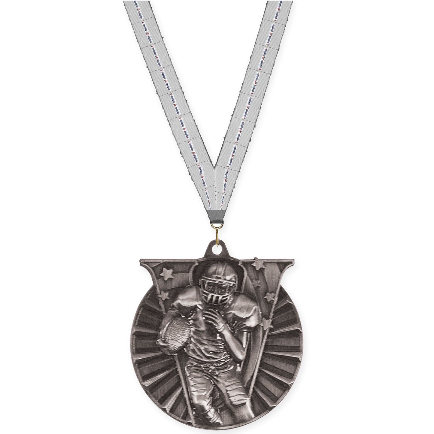 2 inch football Victory medal in bright silver with Auto Racing neck ribbon