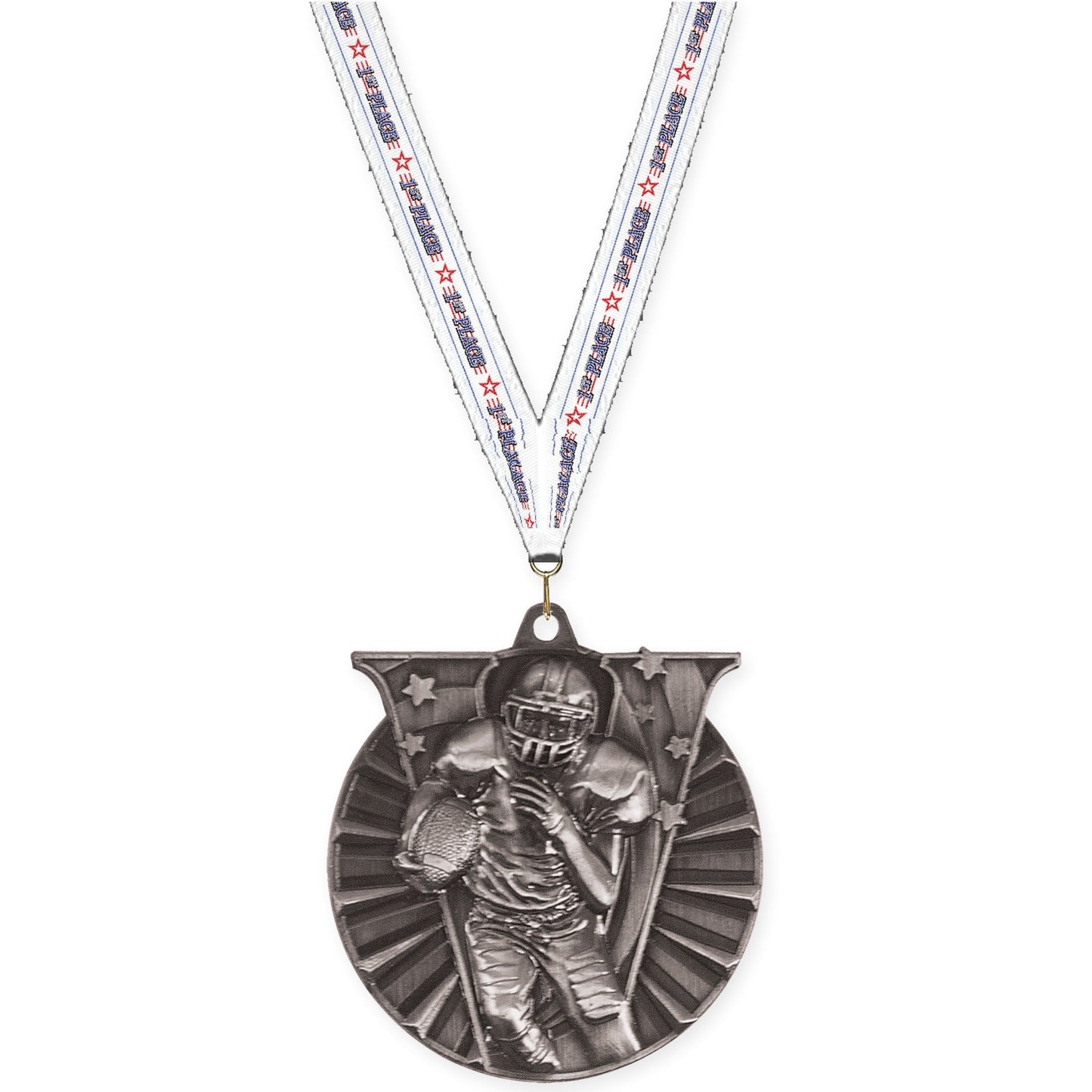 2 inch football Victory medal in bright silver with 1st Place neck ribbon