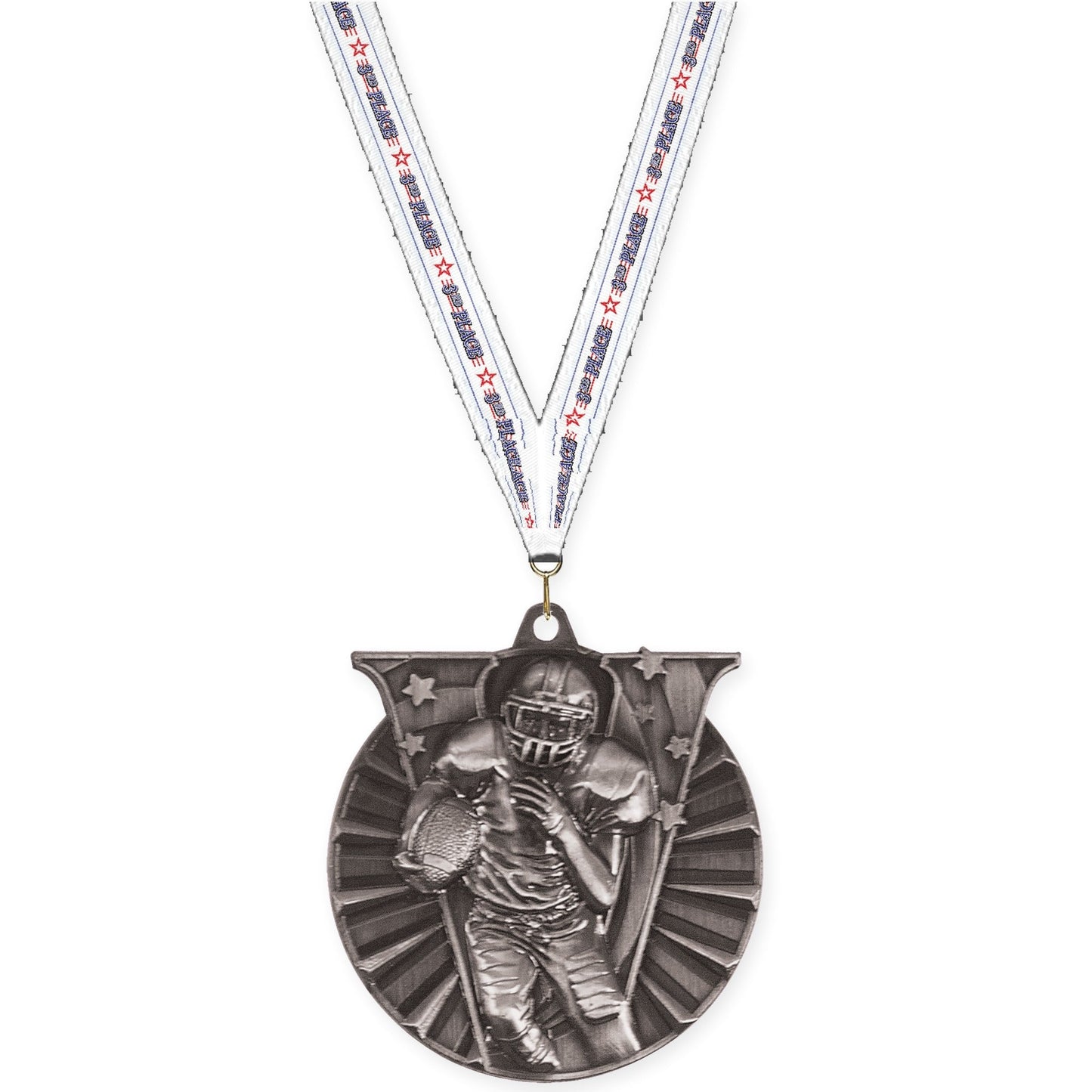 2 inch football Victory medal in bright silver with 3rd Place neck ribbon