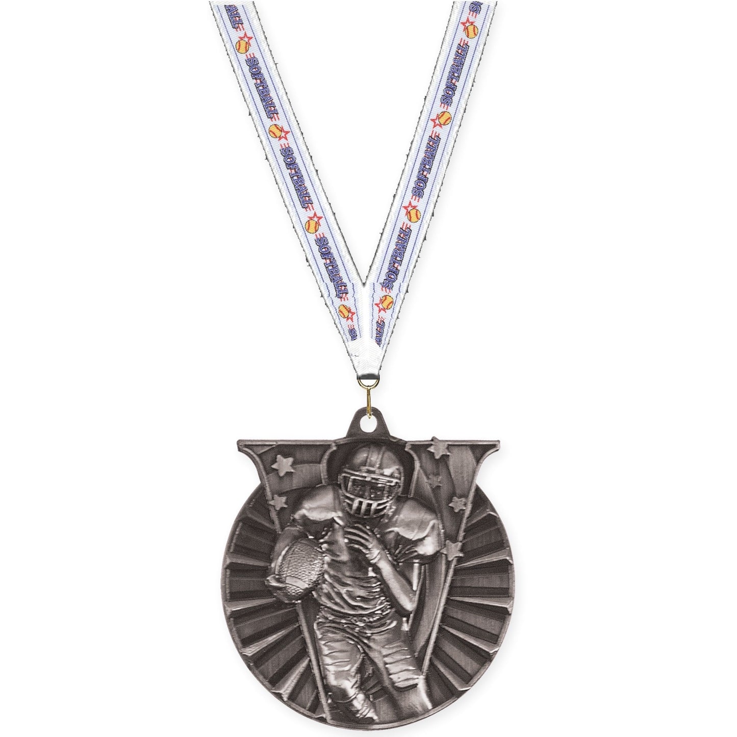 2 inch football Victory medal in bright silver with Softball neck ribbon