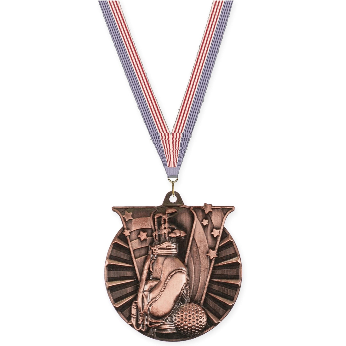 2 inch golf Victory medal in antique bronze with USA Flag neck ribbon