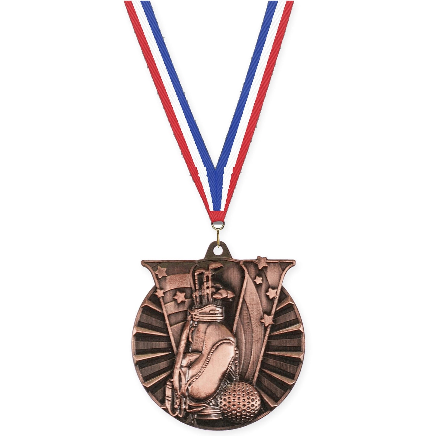 2 inch golf Victory medal in antique bronze with Red White Blue neck ribbon