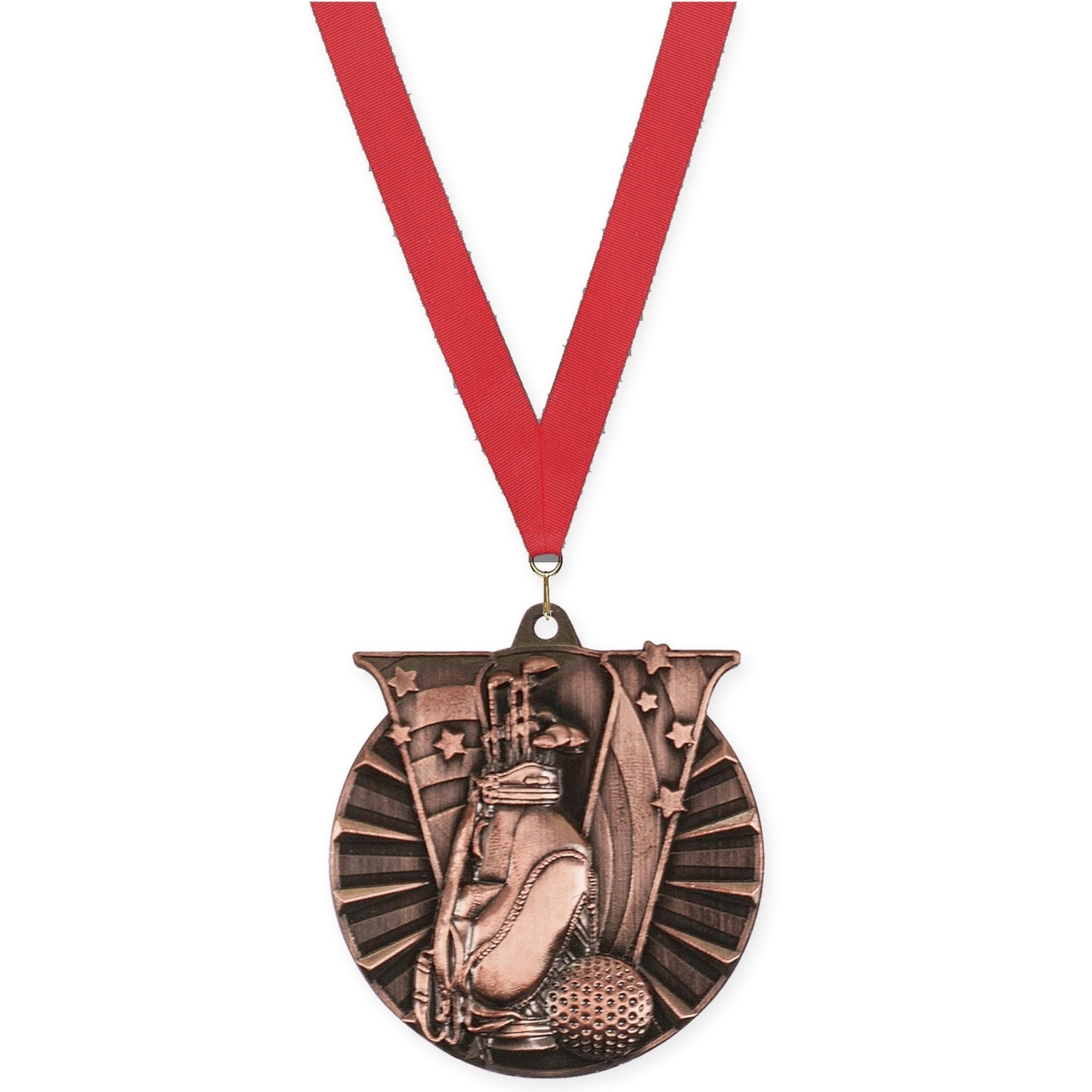 2 inch golf Victory medal in antique bronze with Red neck ribbon