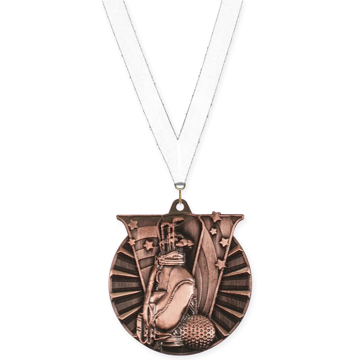 2 inch golf Victory medal in antique bronze with White neck ribbon
