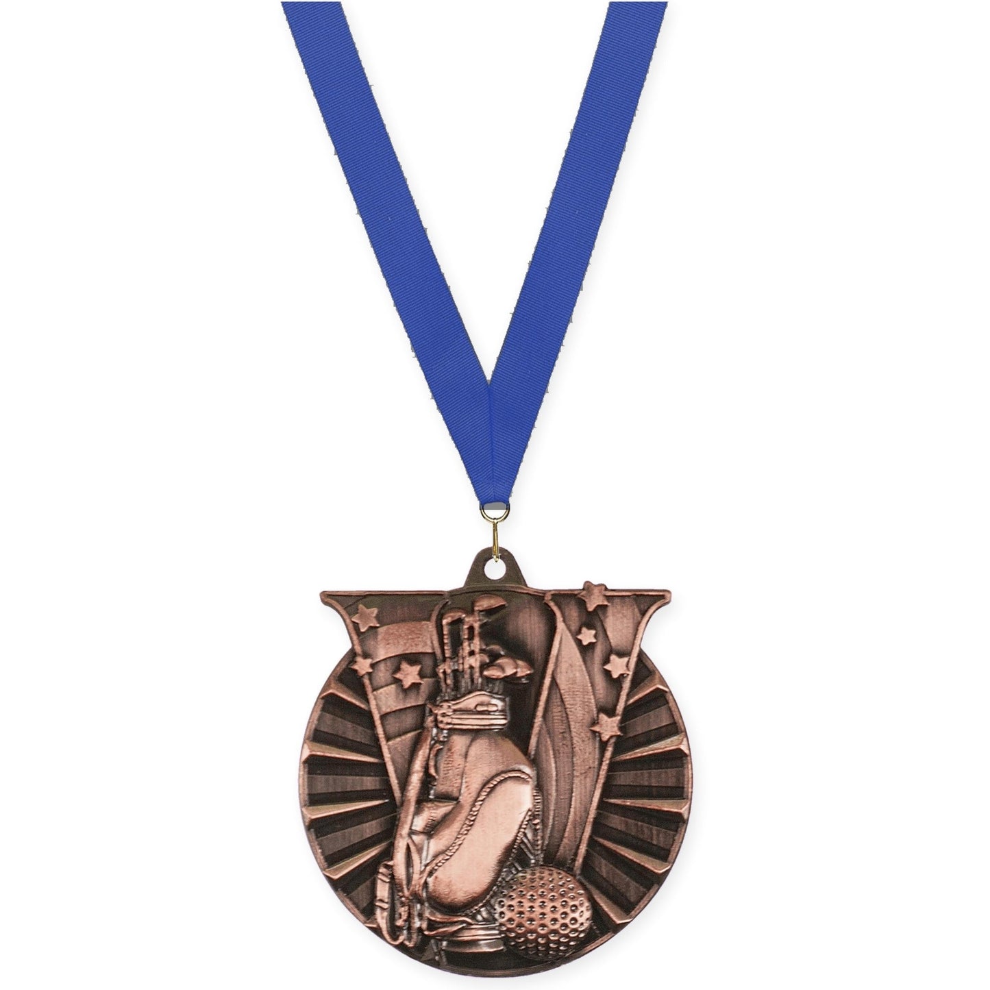 2 inch golf Victory medal in antique bronze with Blue neck ribbon