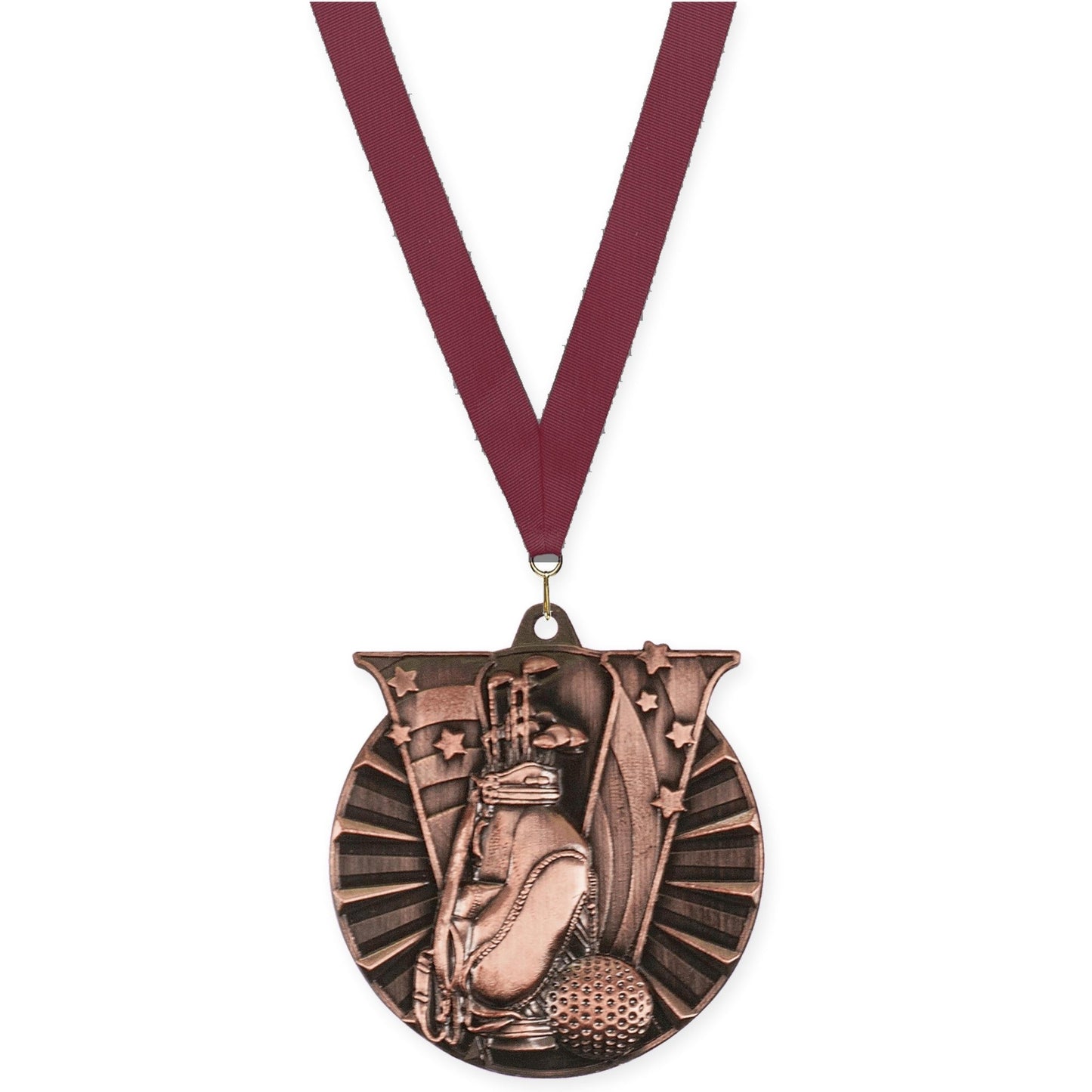 2 inch golf Victory medal in antique bronze with Maroon neck ribbon