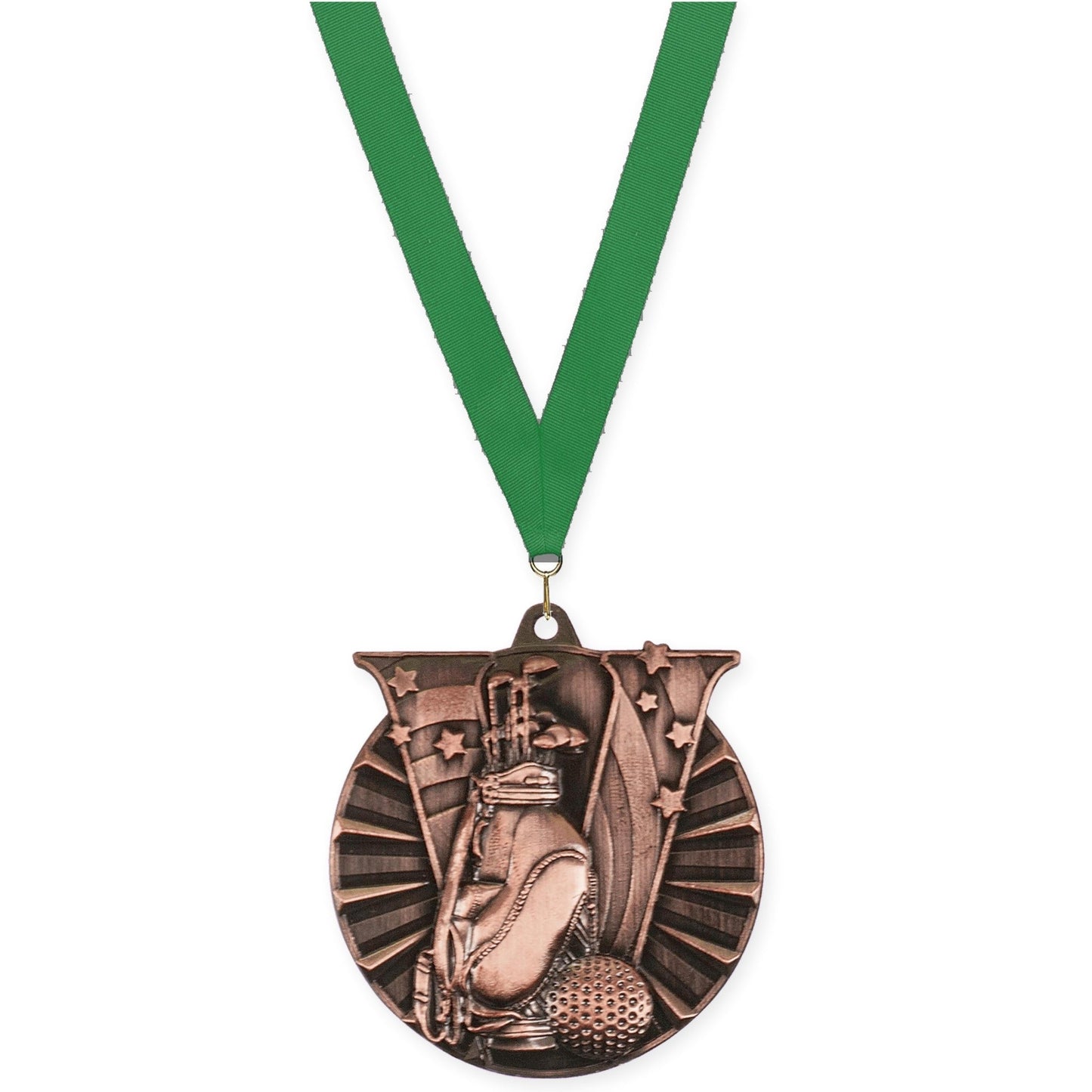 2 inch golf Victory medal in antique bronze with Green neck ribbon