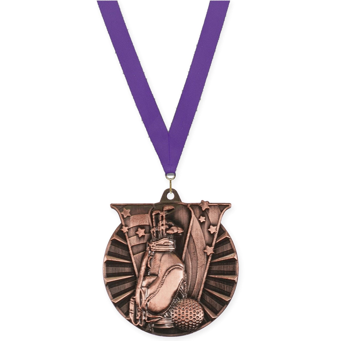 2 inch golf Victory medal in antique bronze with Purple neck ribbon