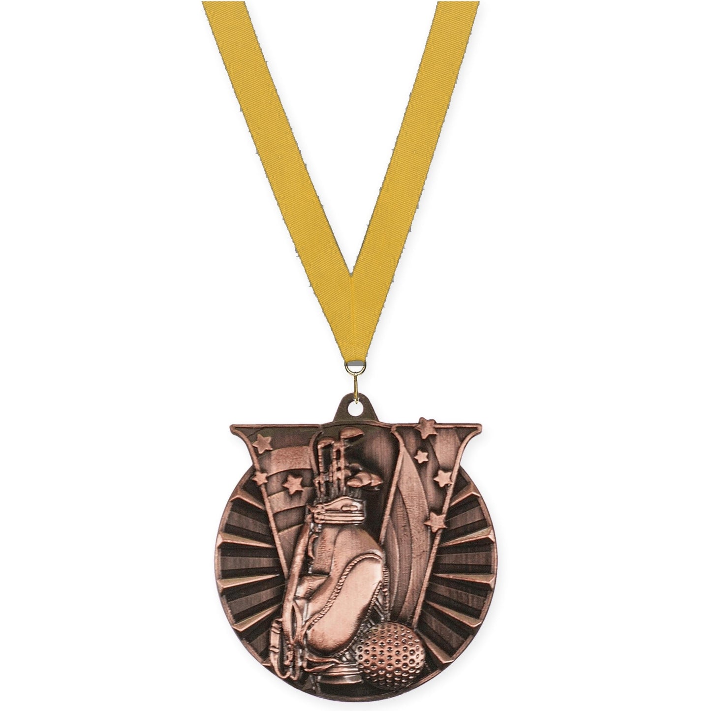 2 inch golf Victory medal in antique bronze with Gold neck ribbon