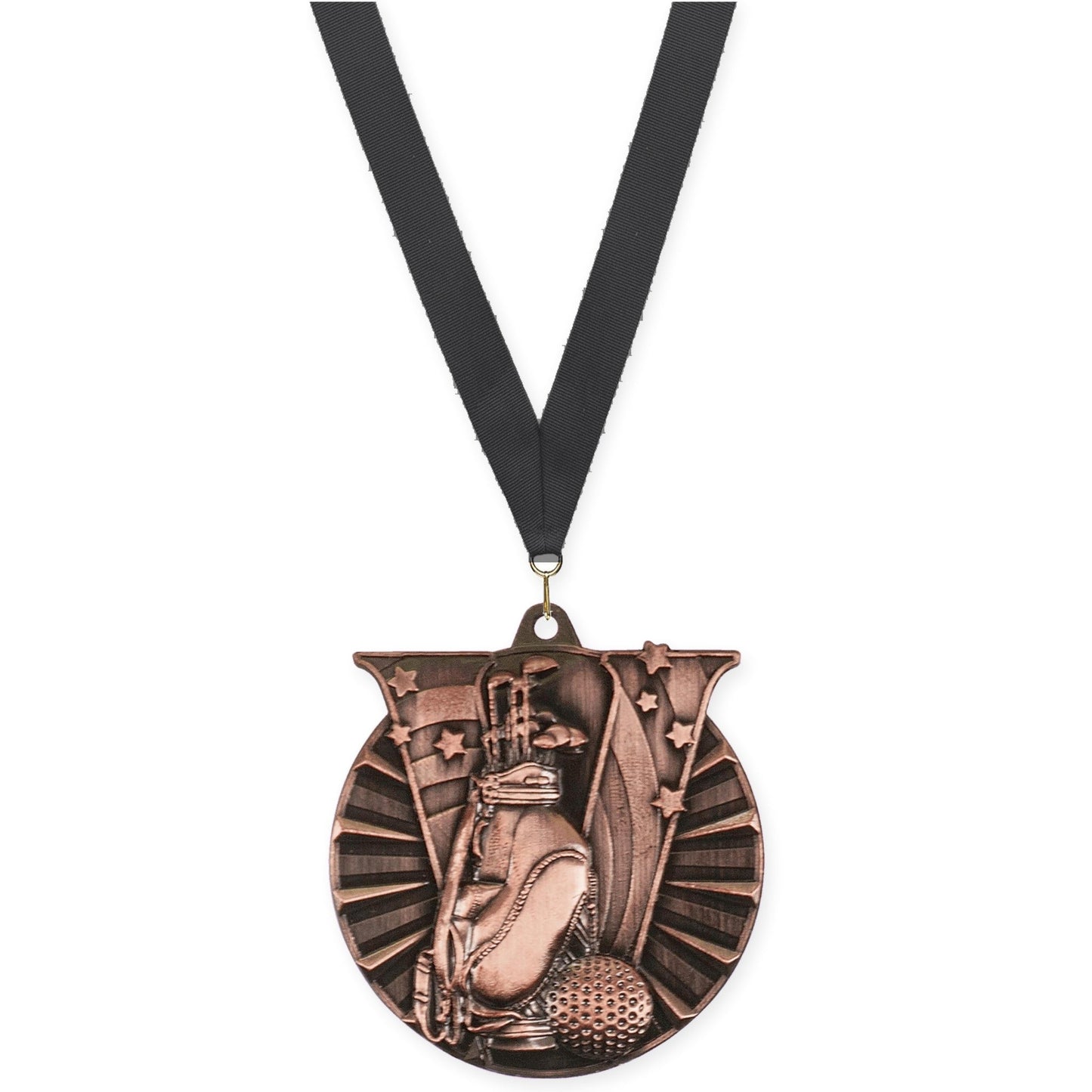 2 inch golf Victory medal in antique bronze with Black neck ribbon