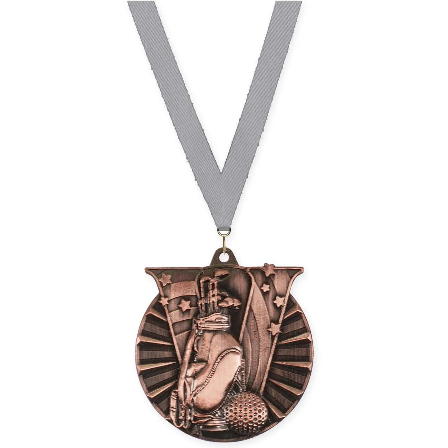 2 inch golf Victory medal in antique bronze with Gray neck ribbon
