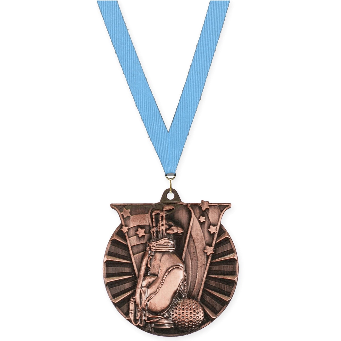 2 inch golf Victory medal in antique bronze with Light Blue neck ribbon