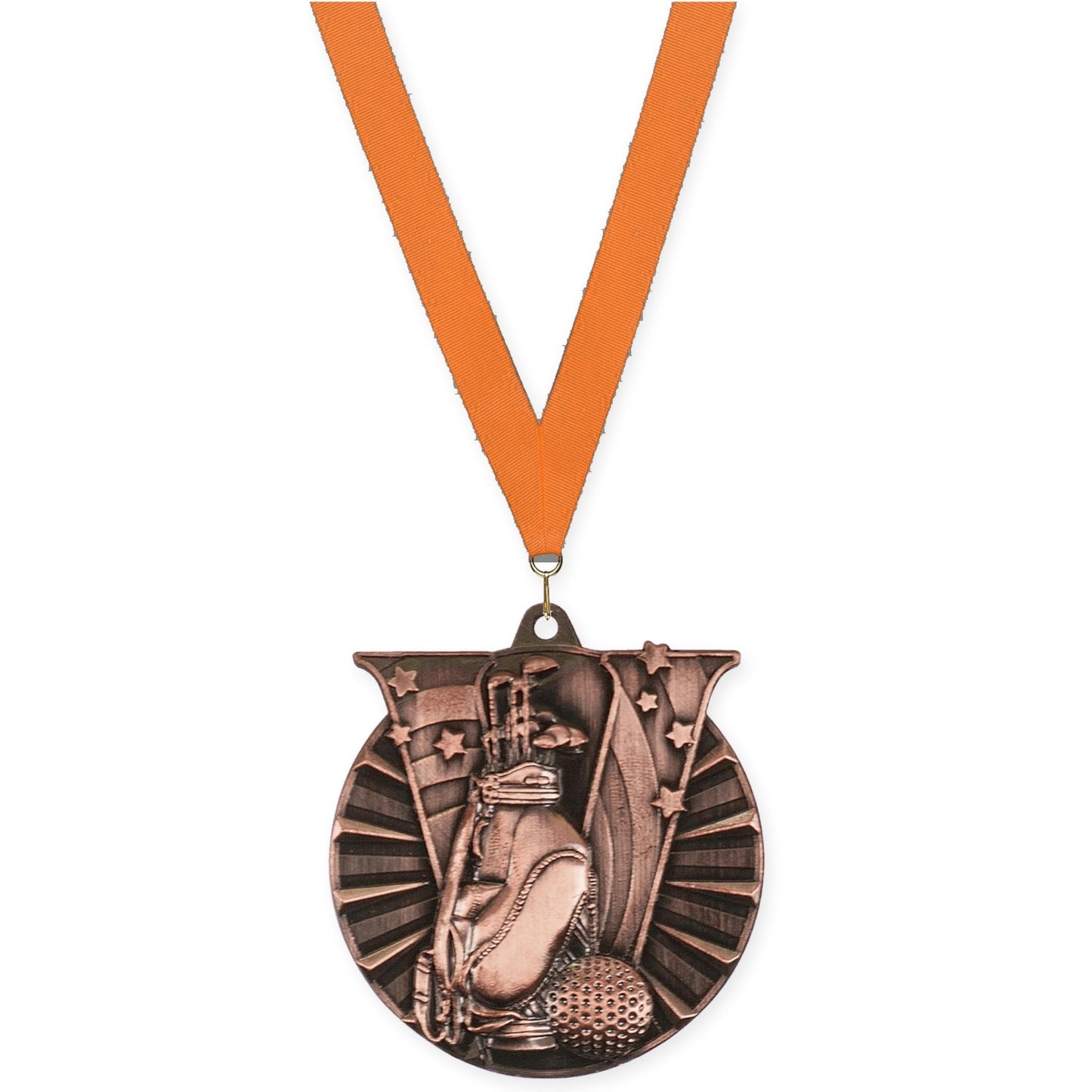 2 inch golf Victory medal in antique bronze with Orange neck ribbon