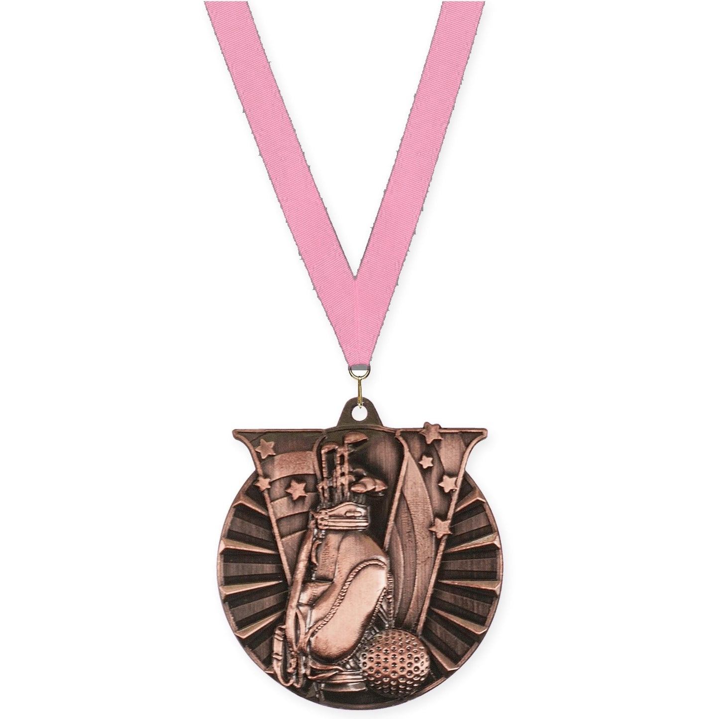 2 inch golf Victory medal in antique bronze with Pink neck ribbon