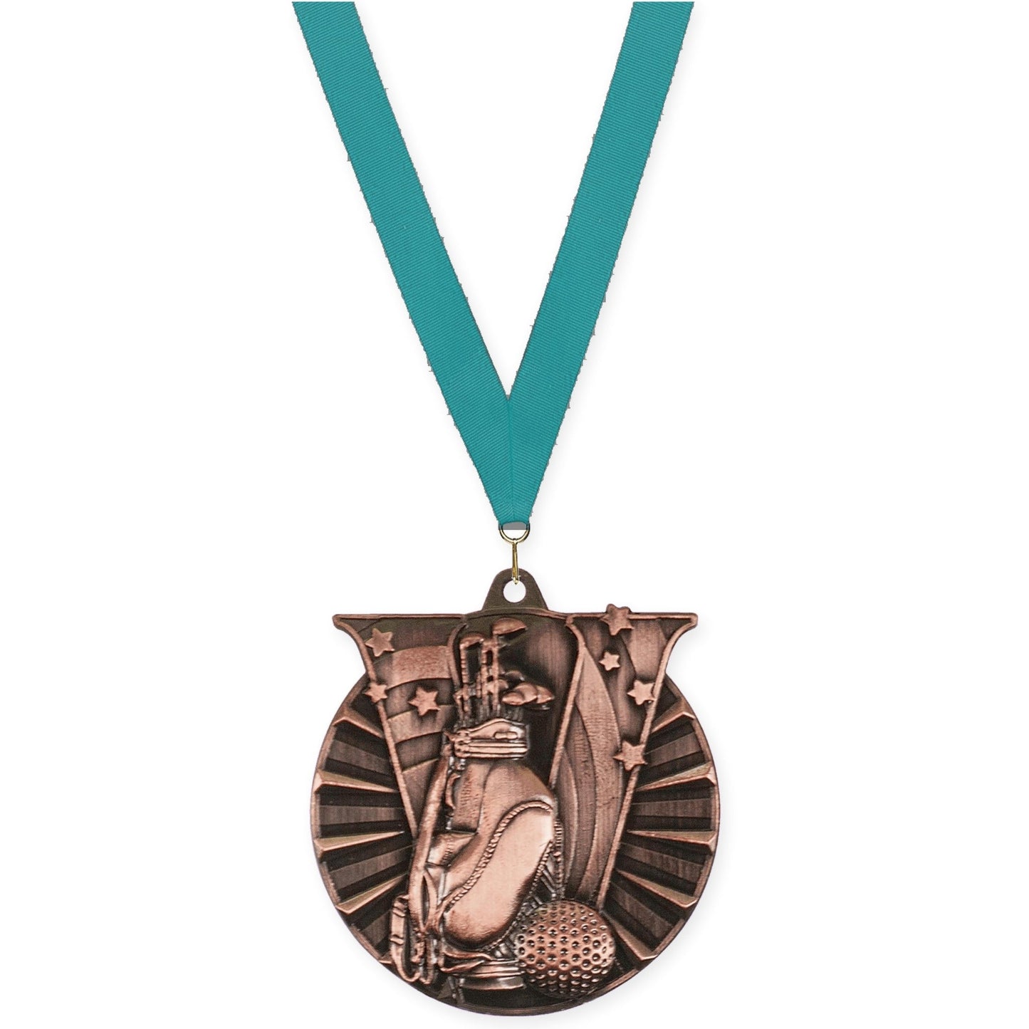 2 inch golf Victory medal in antique bronze with Teal neck ribbon